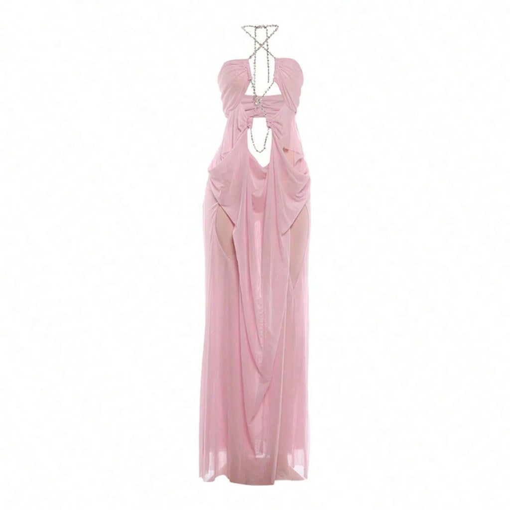 Women's Sheer Mesh Long Dress Club Outfit Rhinestone Spaghetti Strap Cutout Bodycon See Through Evening Party - image 13