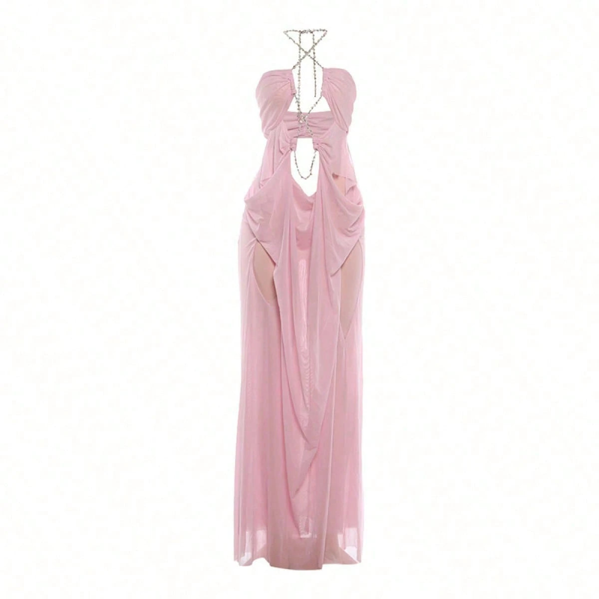 Women's Sheer Mesh Long Dress Club Outfit Rhinestone Spaghetti Strap Cutout Bodycon See Through Evening Party - image 13