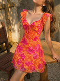 KARISMINA Women's Burnt Orange Floral Print Ruffle Strap Tie Front Dress,Summer Boho Holiday Vacation