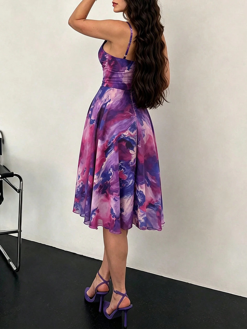 ChicMe Women's Ombre Print Ruched A-Line Sleeveless Midi Dress, Back