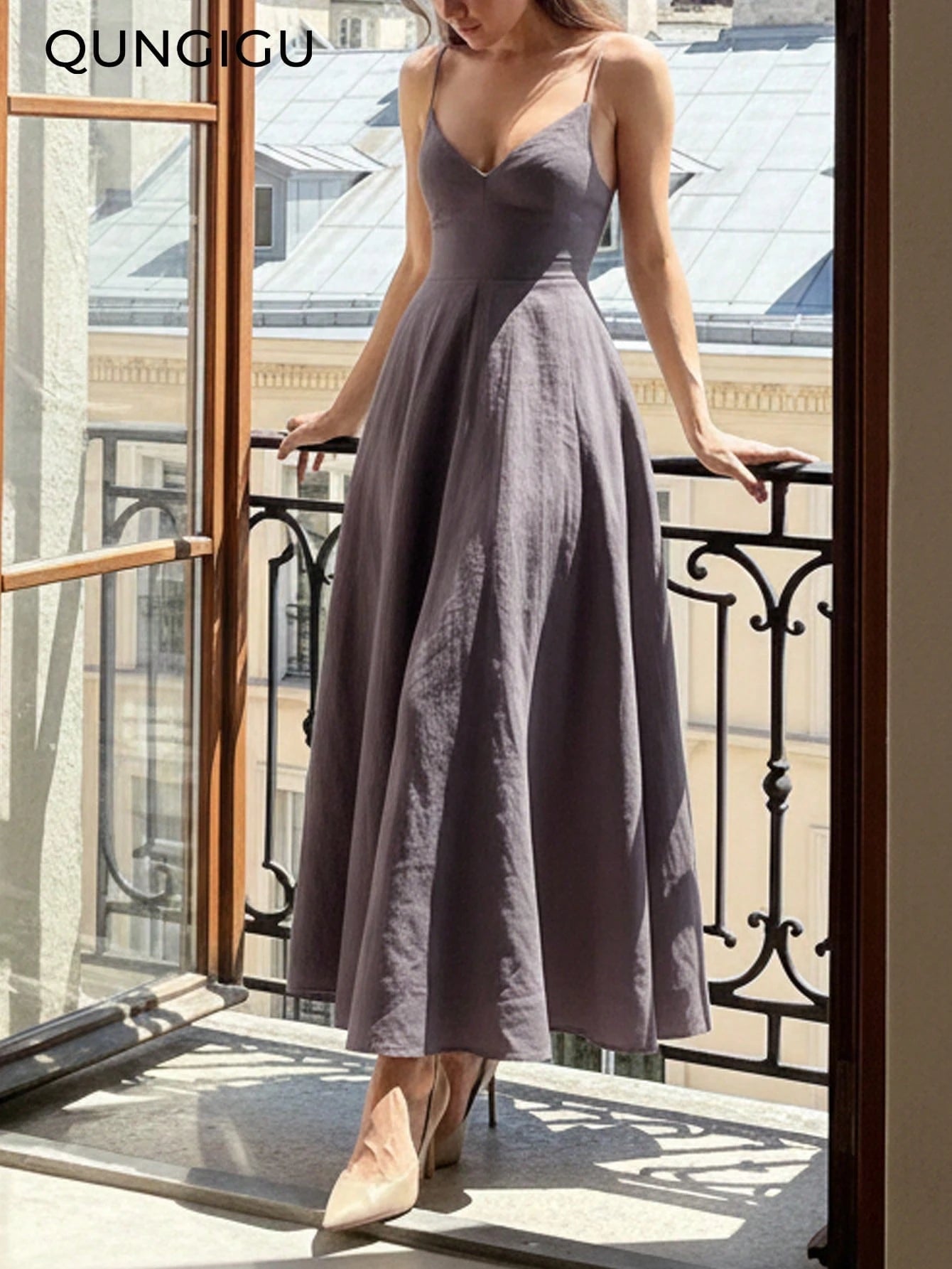 QUNGIGU Women's Elegant Spaghetti Strap Midi Dress V-Neck Linen