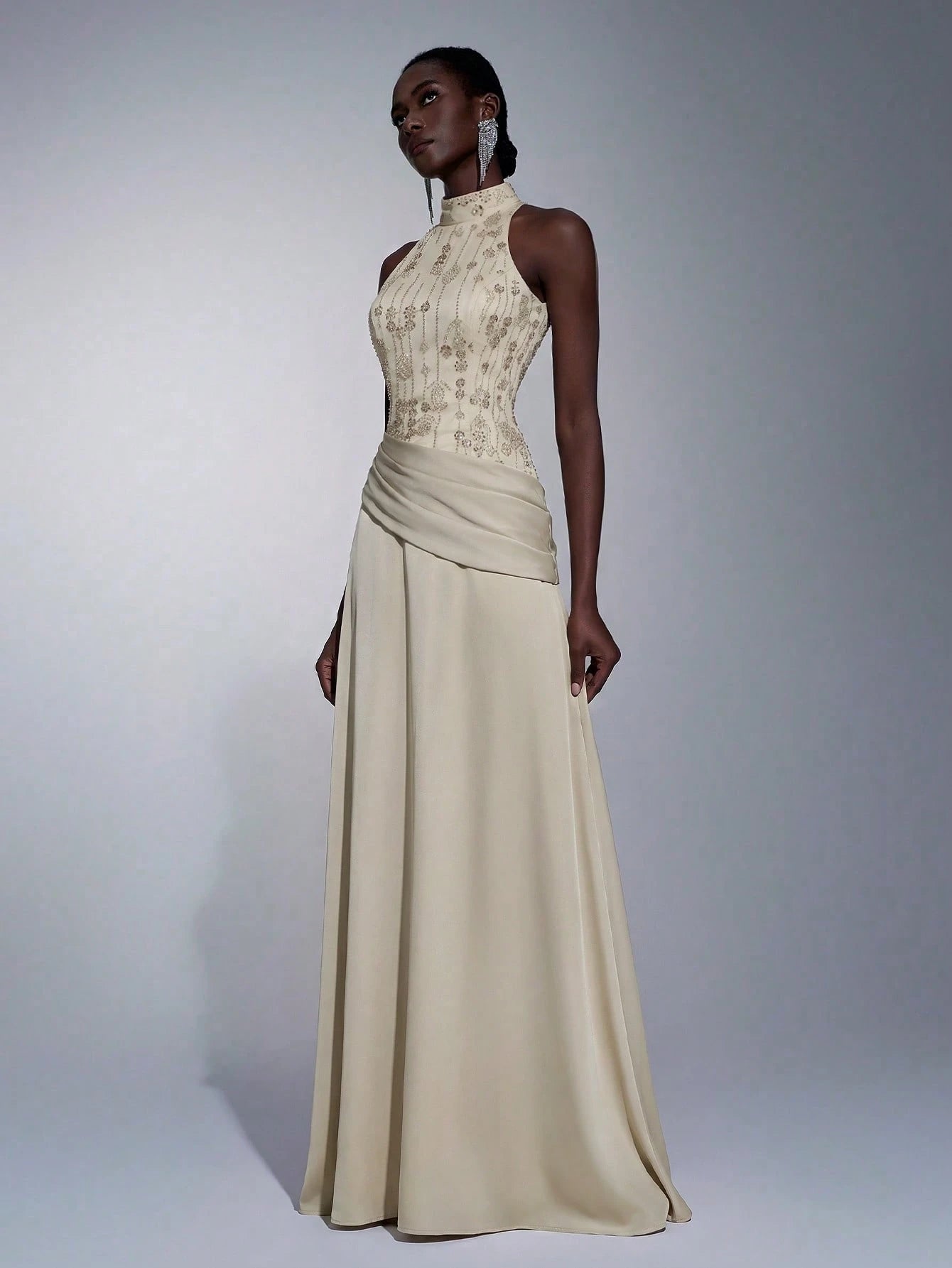 Elitara Elegant, , Fashionable Green Sequin Embroidered Satin Patchwork Pleated Decor A-Line Long Formal - image 4