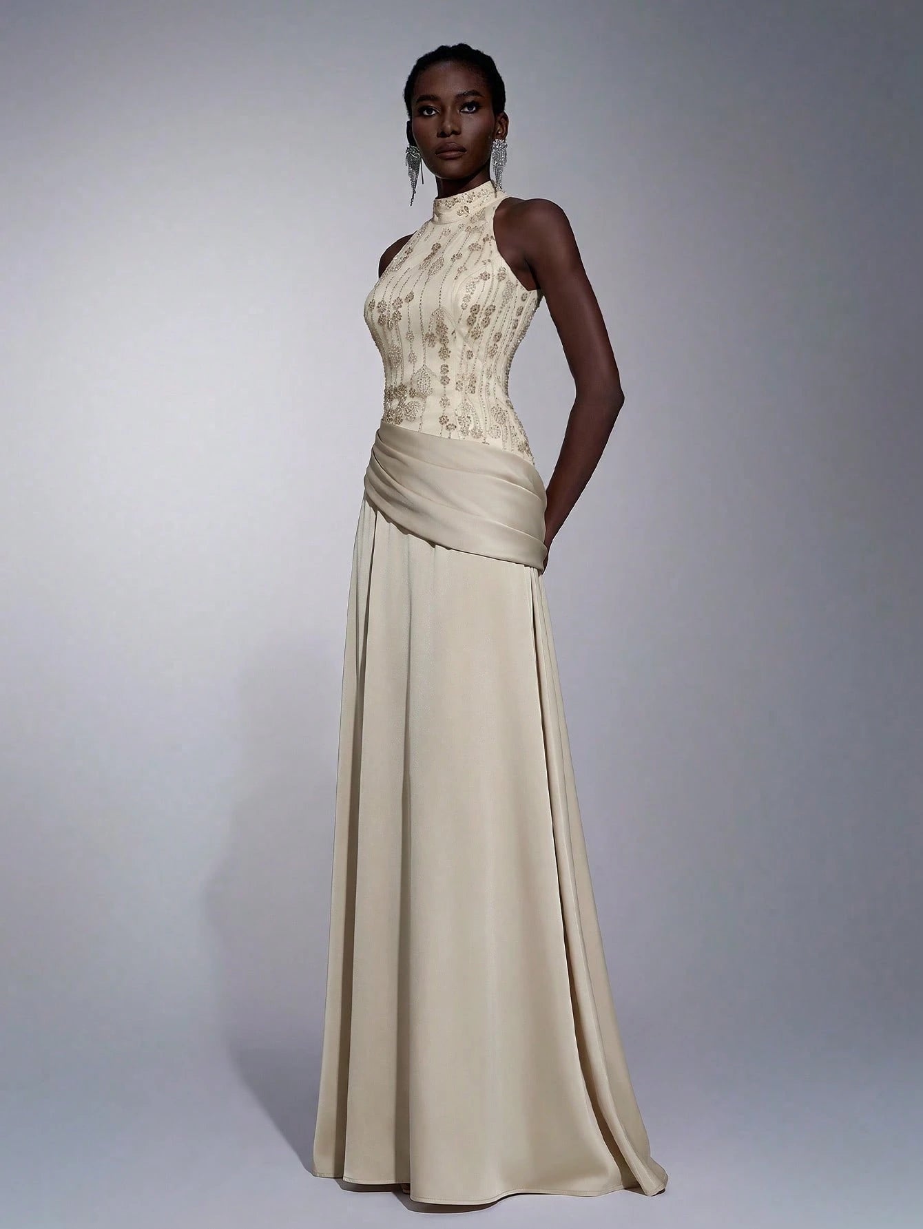 Elitara Elegant, , Fashionable Green Sequin Embroidered Satin Patchwork Pleated Decor A-Line Long Formal - image 6