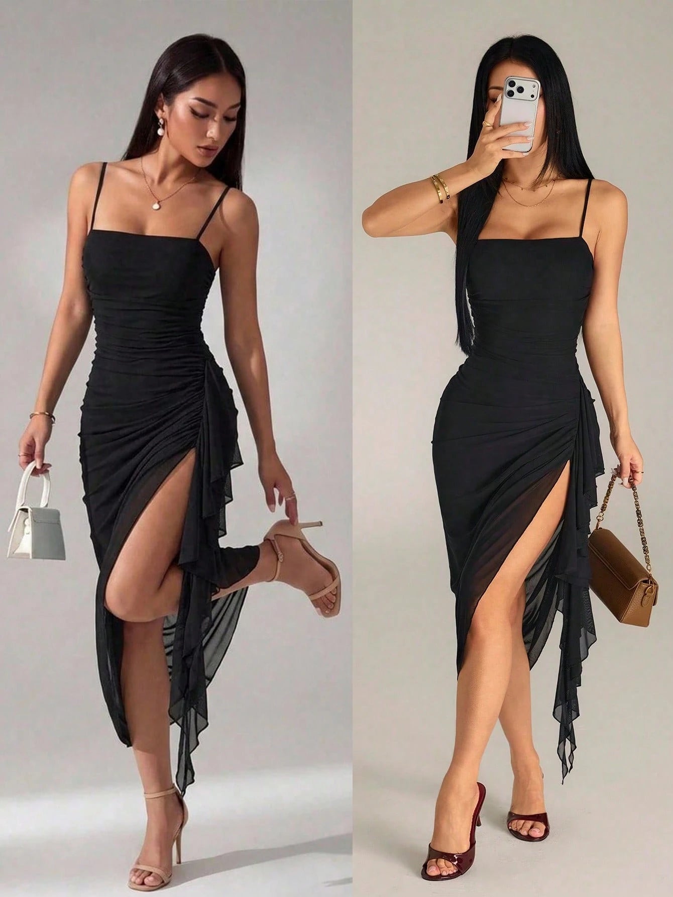 PETITE Women's Vintage Sexy Elegant Pink And Green And And Butterfly Print Ruched Ruffle Hem Dress, - image 9