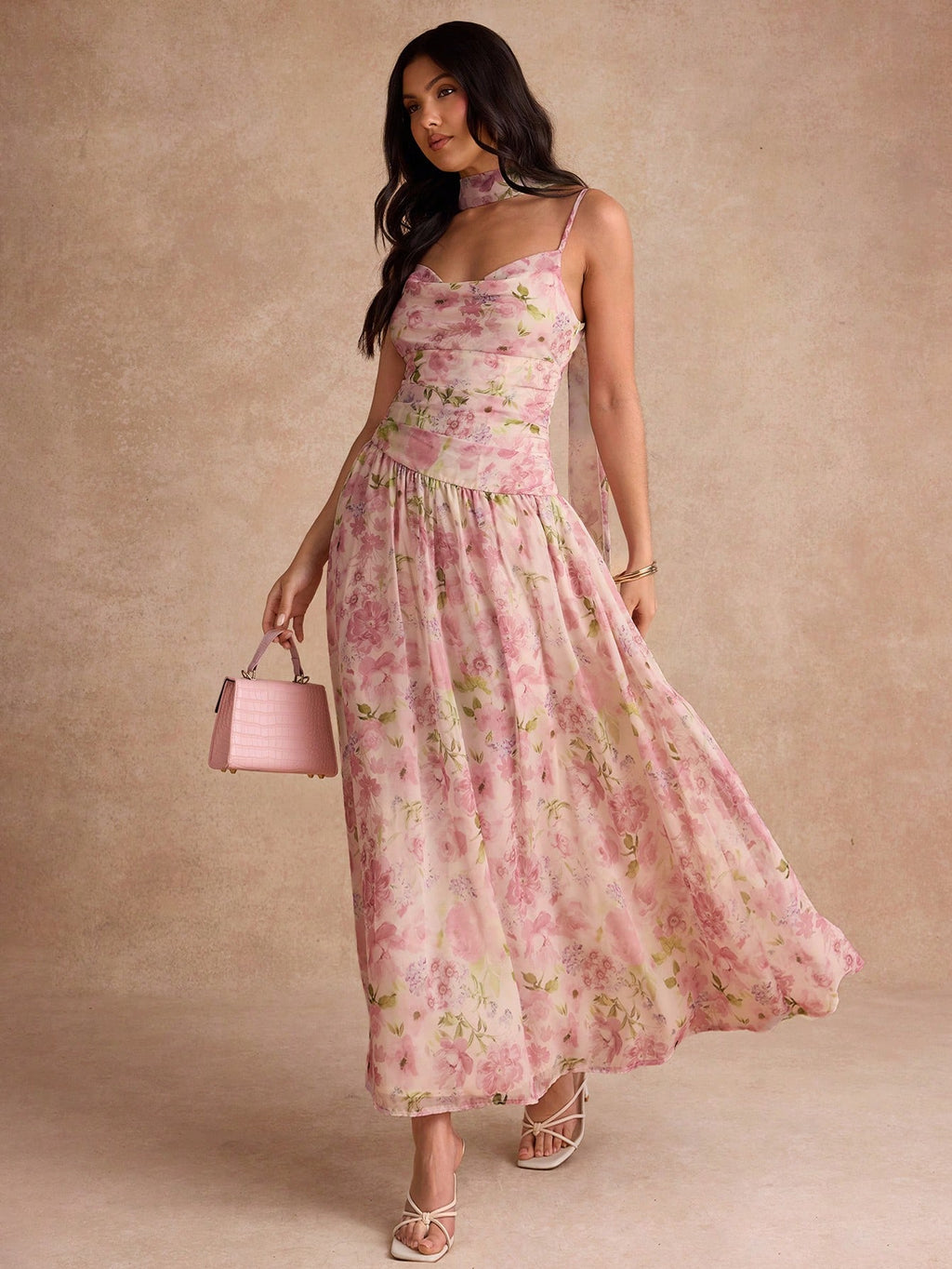 Enchnt Summer Romantic Women's Pink Digital Print Bandeau Cinched