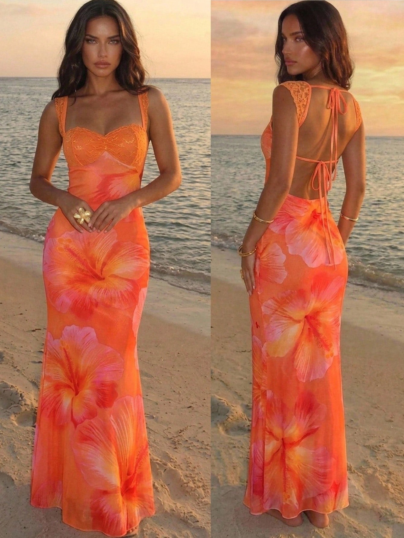 Aloruh Cream Yellow Gradient Floral Mesh Bodycon Backless Summer