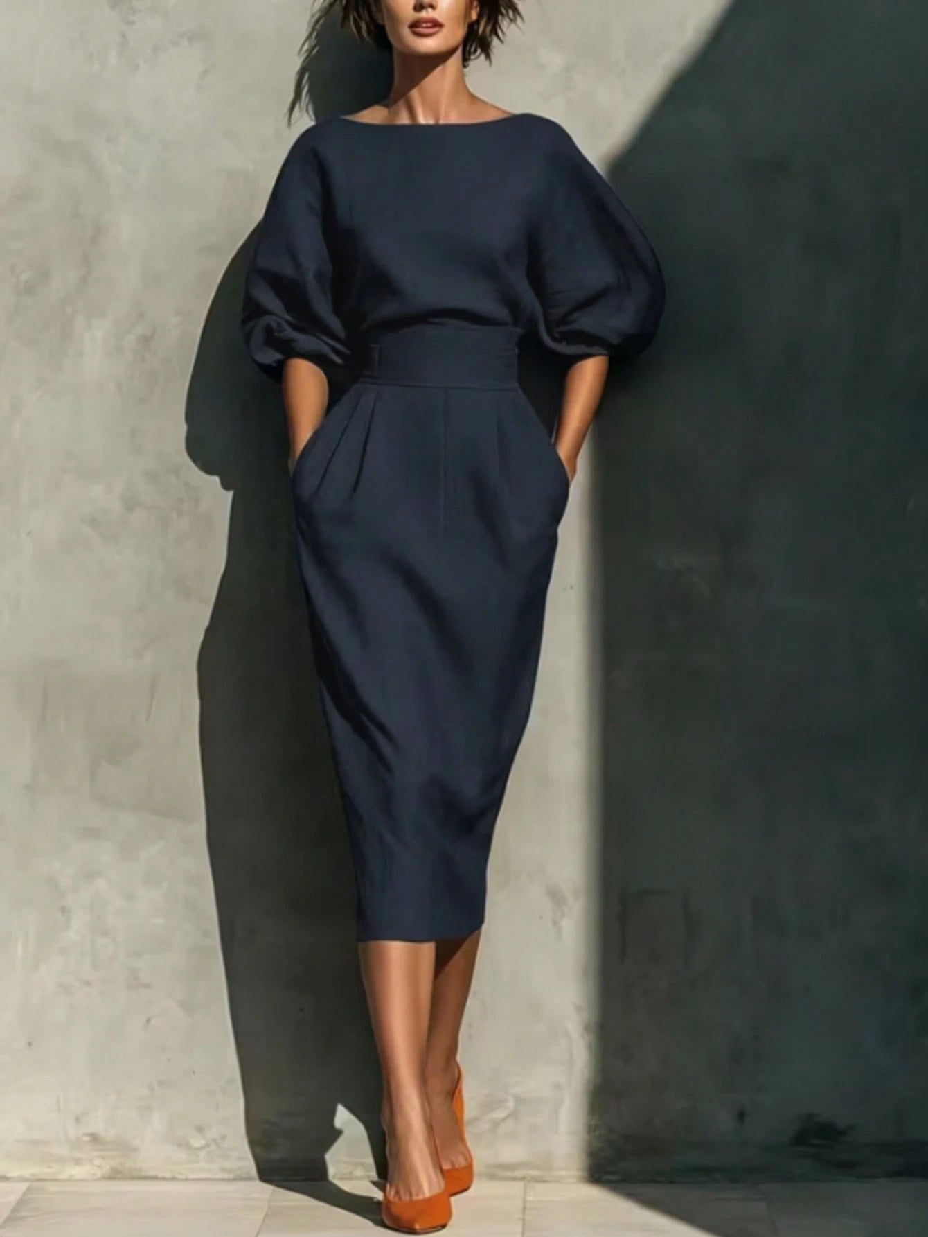 Fashionable Women's Casual Mid-Length Dress, Boat Neck Design, Three-Quarter Sleeves, Straight Hem Elegant - image 6