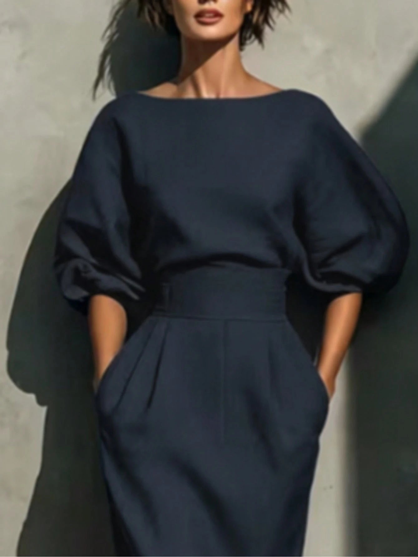 Fashionable Women's Casual Mid-Length Dress, Boat Neck Design, Three-Quarter Sleeves, Straight Hem Elegant - image 8