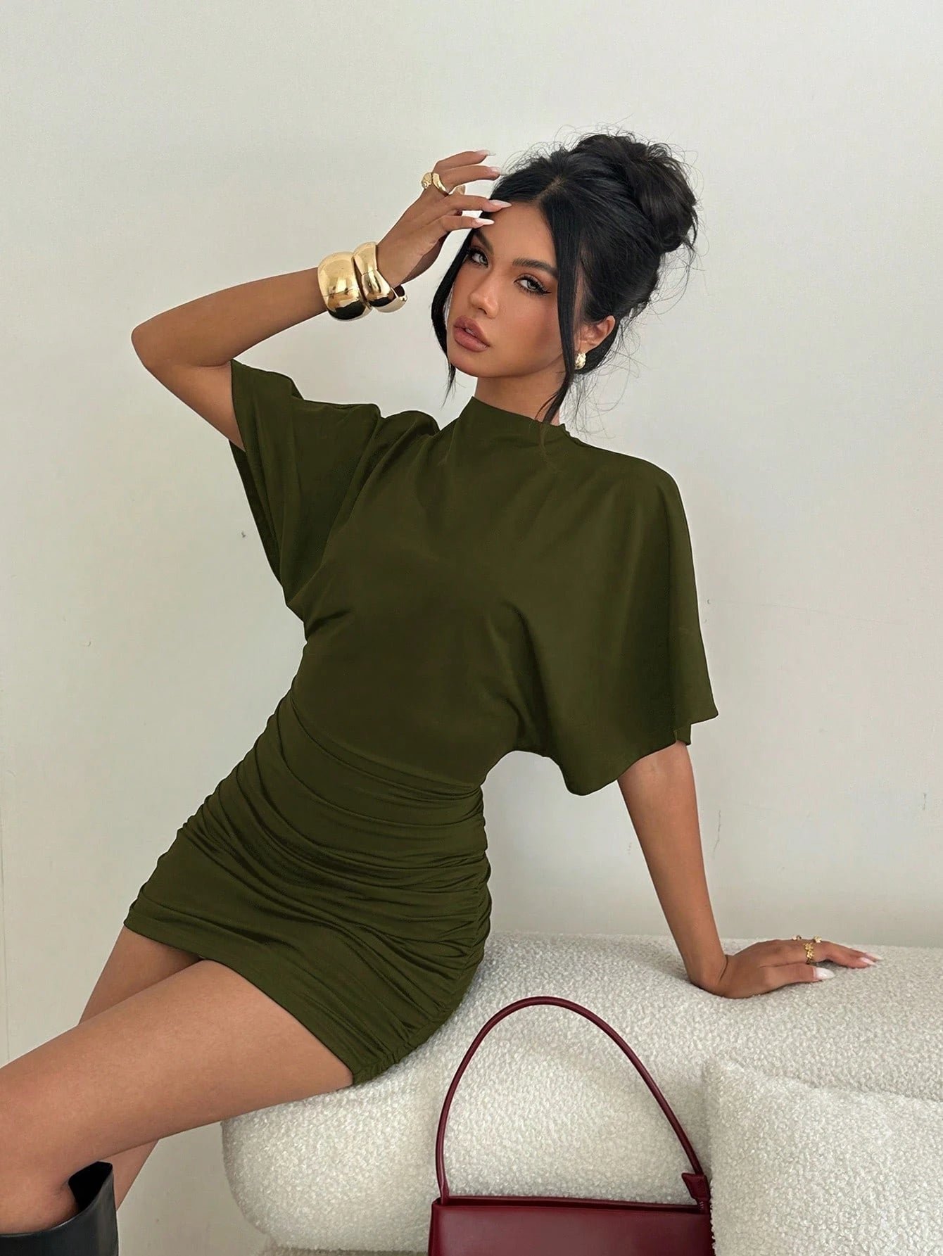 Aloruh Women's Black Summer High Neck Butterfly Sleeve Backless Ruched Mini Dress,Seksi Chic Night Club Tight - image 4