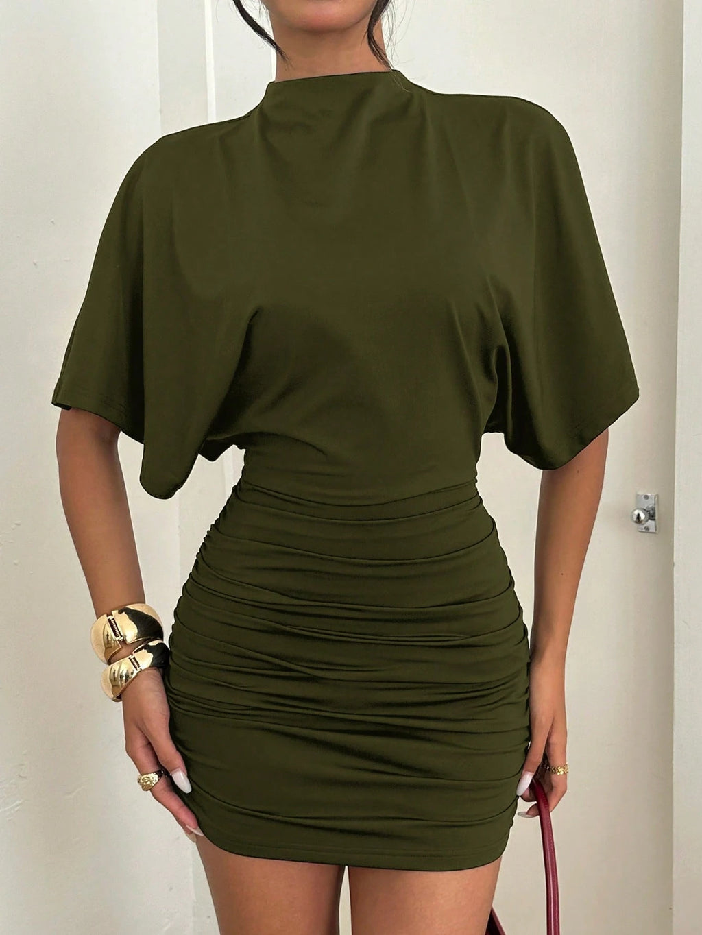 Aloruh Women's Black Summer High Neck Butterfly Sleeve Backless Ruched Mini Dress,Seksi Chic Night Club Tight - image 5