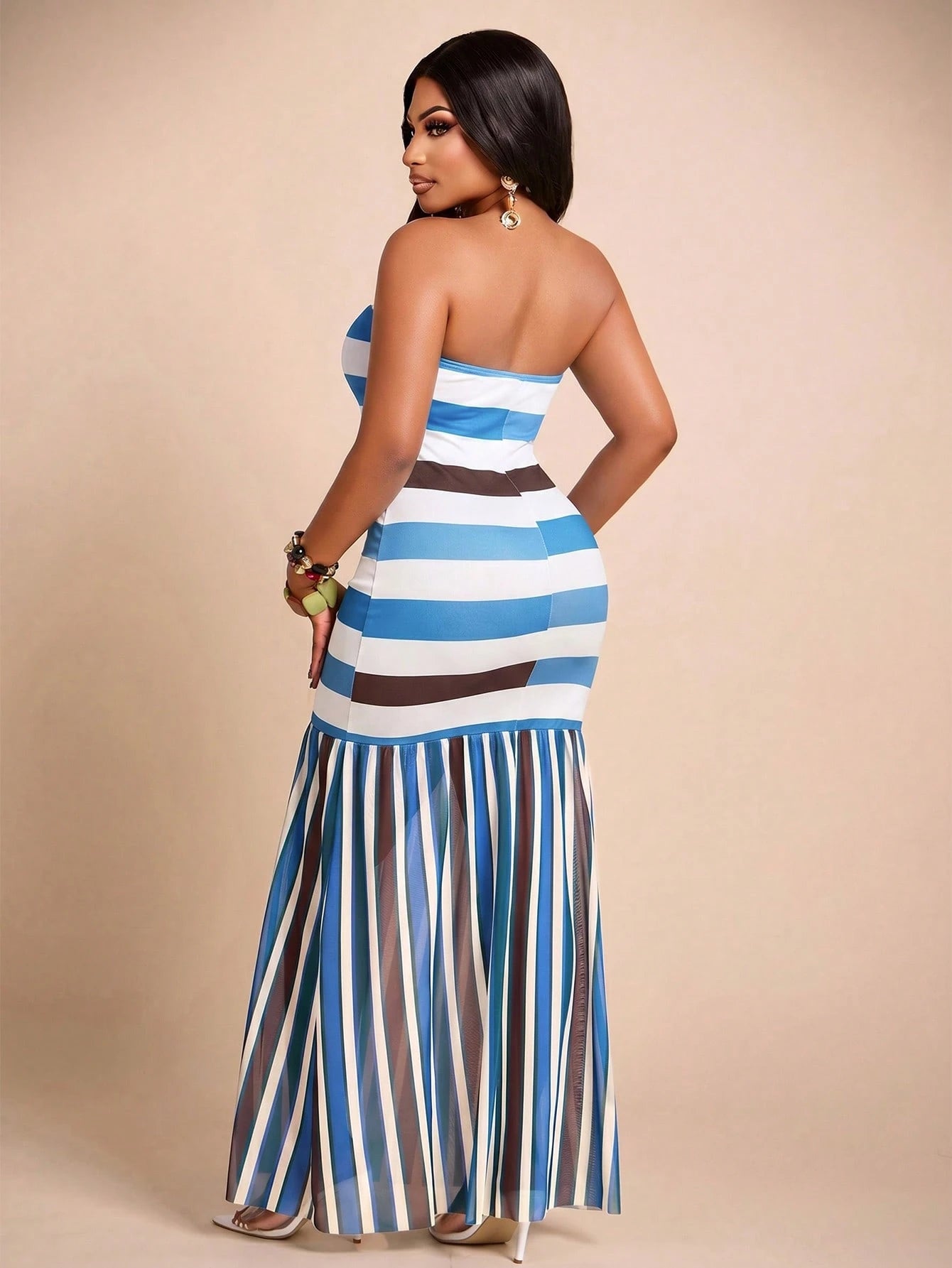 Brilight Elegant Striped Print Fitted Strapless Maxi Dress For