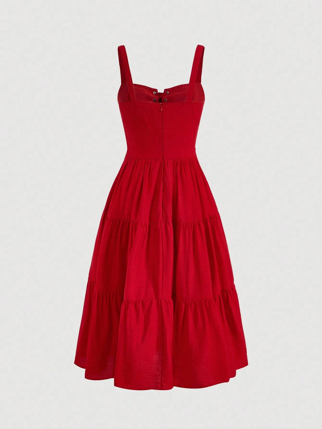MOD Red Contrast Lace Ruffle Hem Cami Dress,Sleeveless Tiered Midi