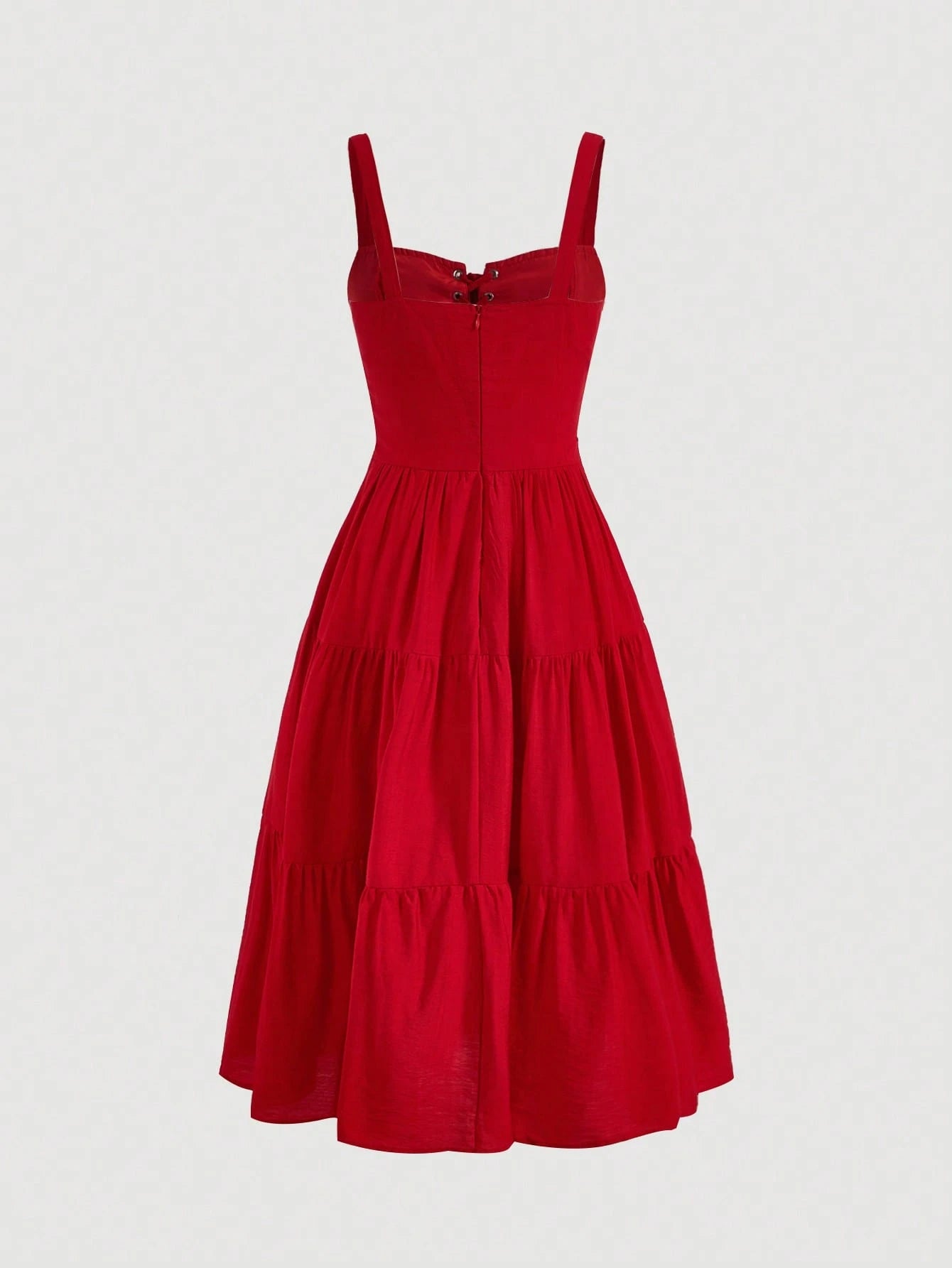MOD Red Contrast Lace Ruffle Hem Cami Dress,Sleeveless Tiered Midi