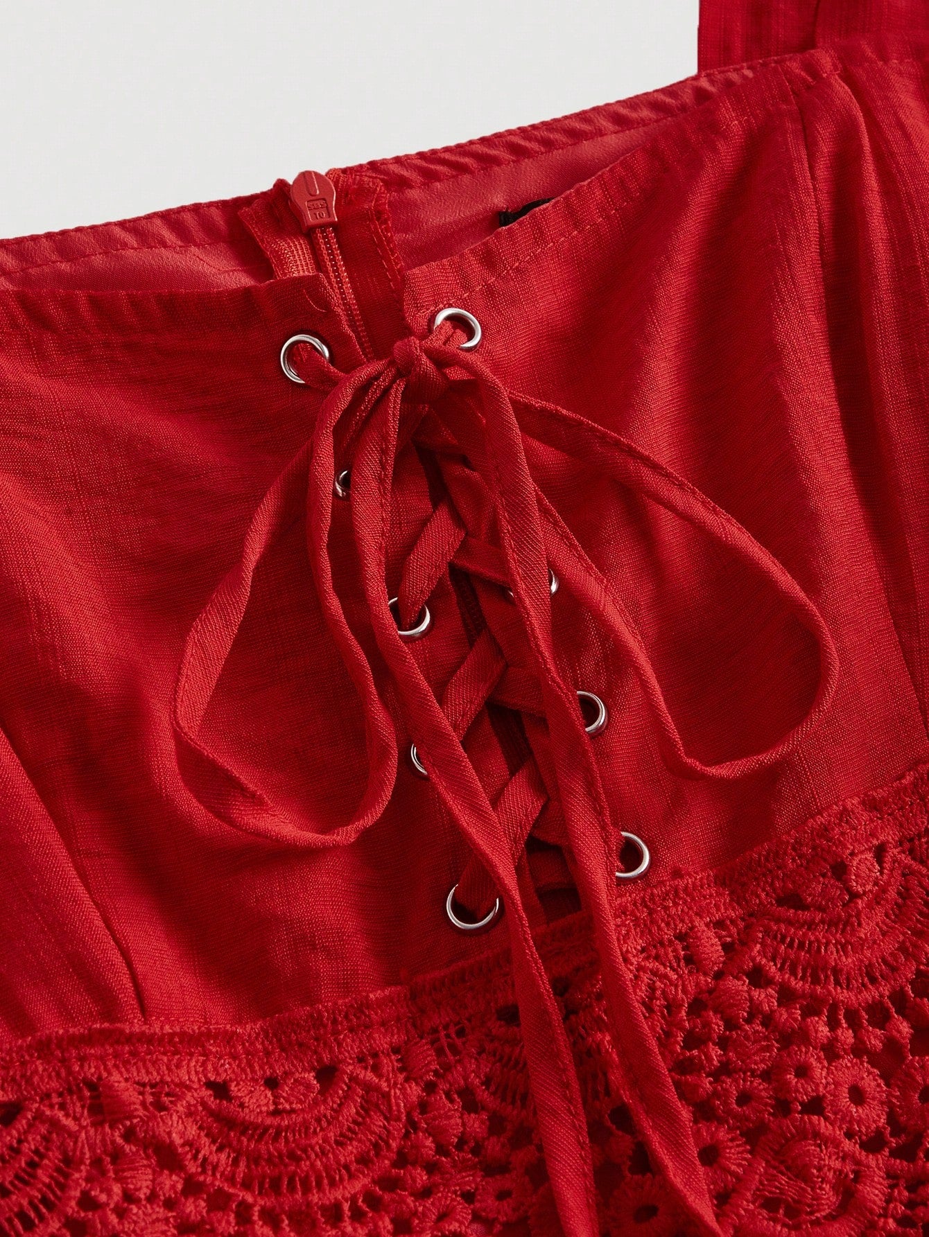 MOD Red Contrast Lace Ruffle Hem Cami Dress,Sleeveless Tiered Midi