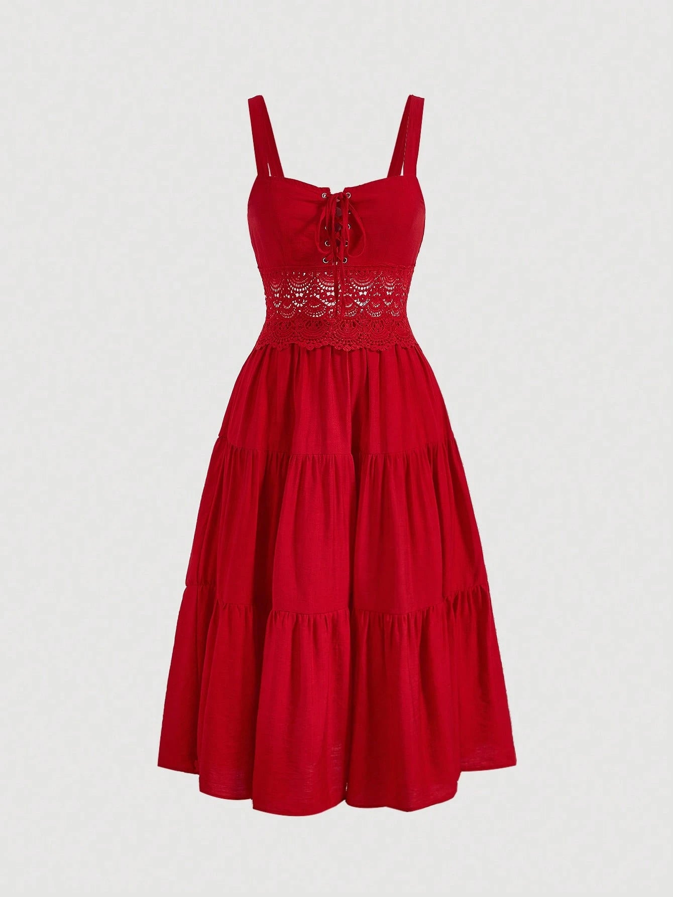 MOD Red Contrast Lace Ruffle Hem Cami Dress,Sleeveless Tiered Midi