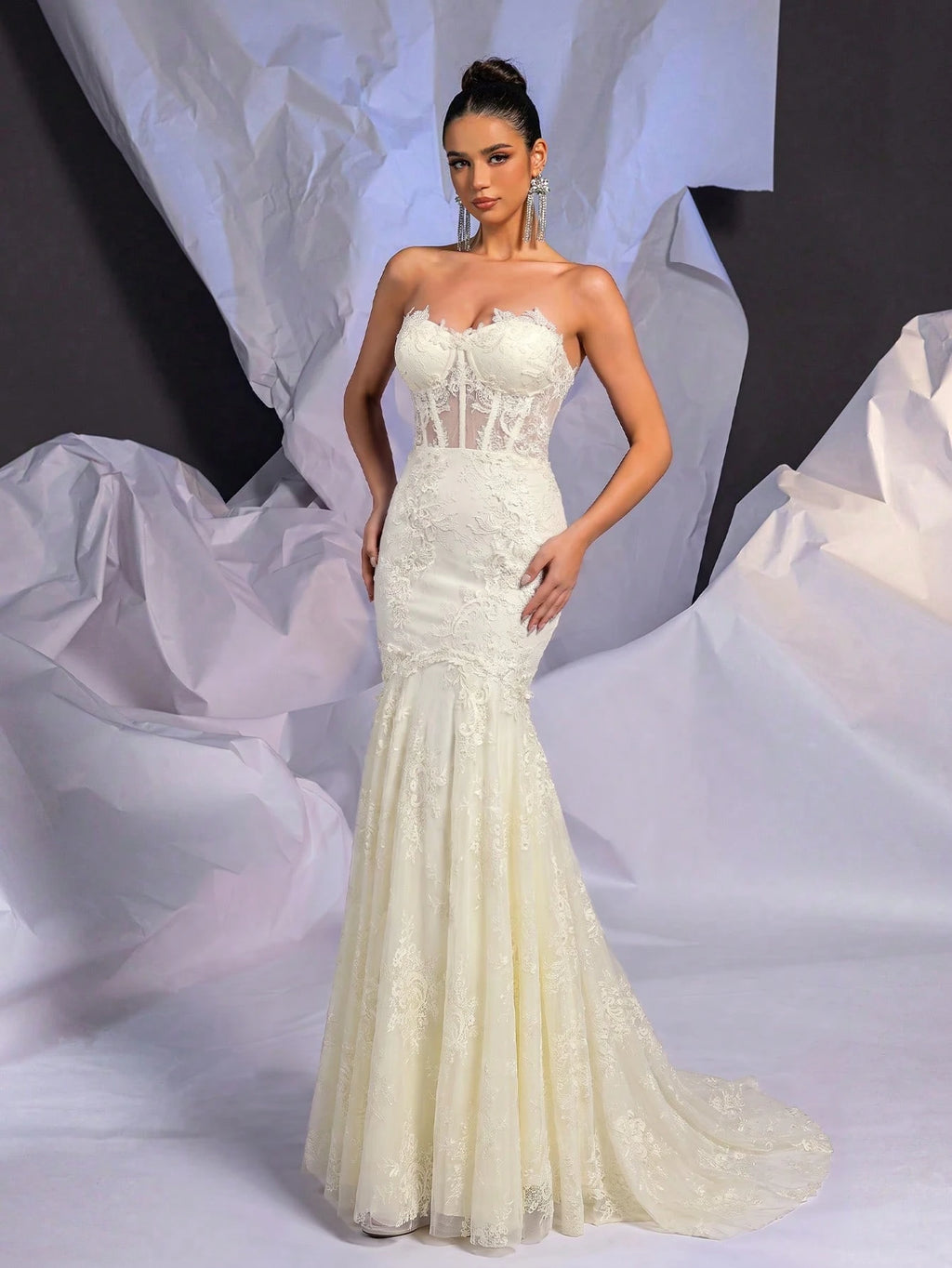 Belle Beige Summer Elegant Wedding Mermaid Dress, Strapless Contrast Lace Sheer Bodice Boning Scalloped Hem