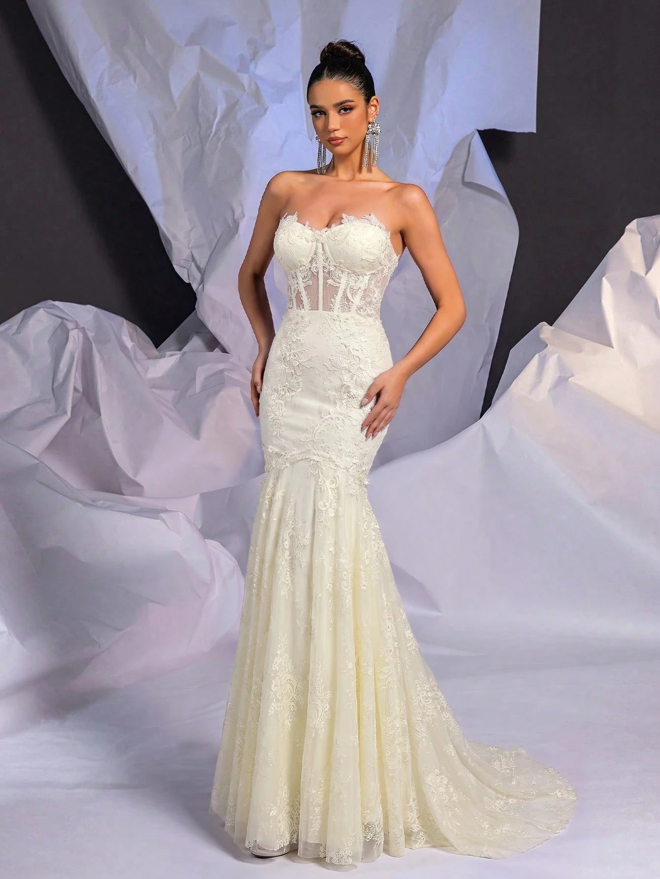 Belle Beige Summer Elegant Wedding Mermaid Dress, Strapless Contrast Lace Sheer Bodice Boning Scalloped Hem