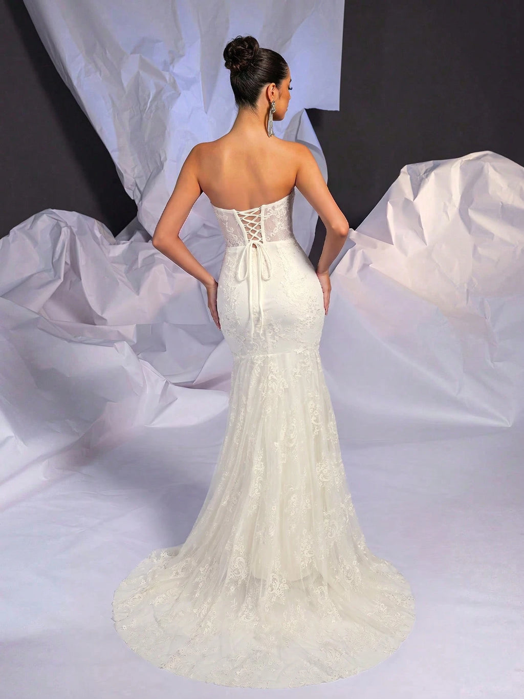 Belle Beige Summer Elegant Wedding Mermaid Dress, Strapless Contrast Lace Sheer Bodice Boning Scalloped Hem - image 2