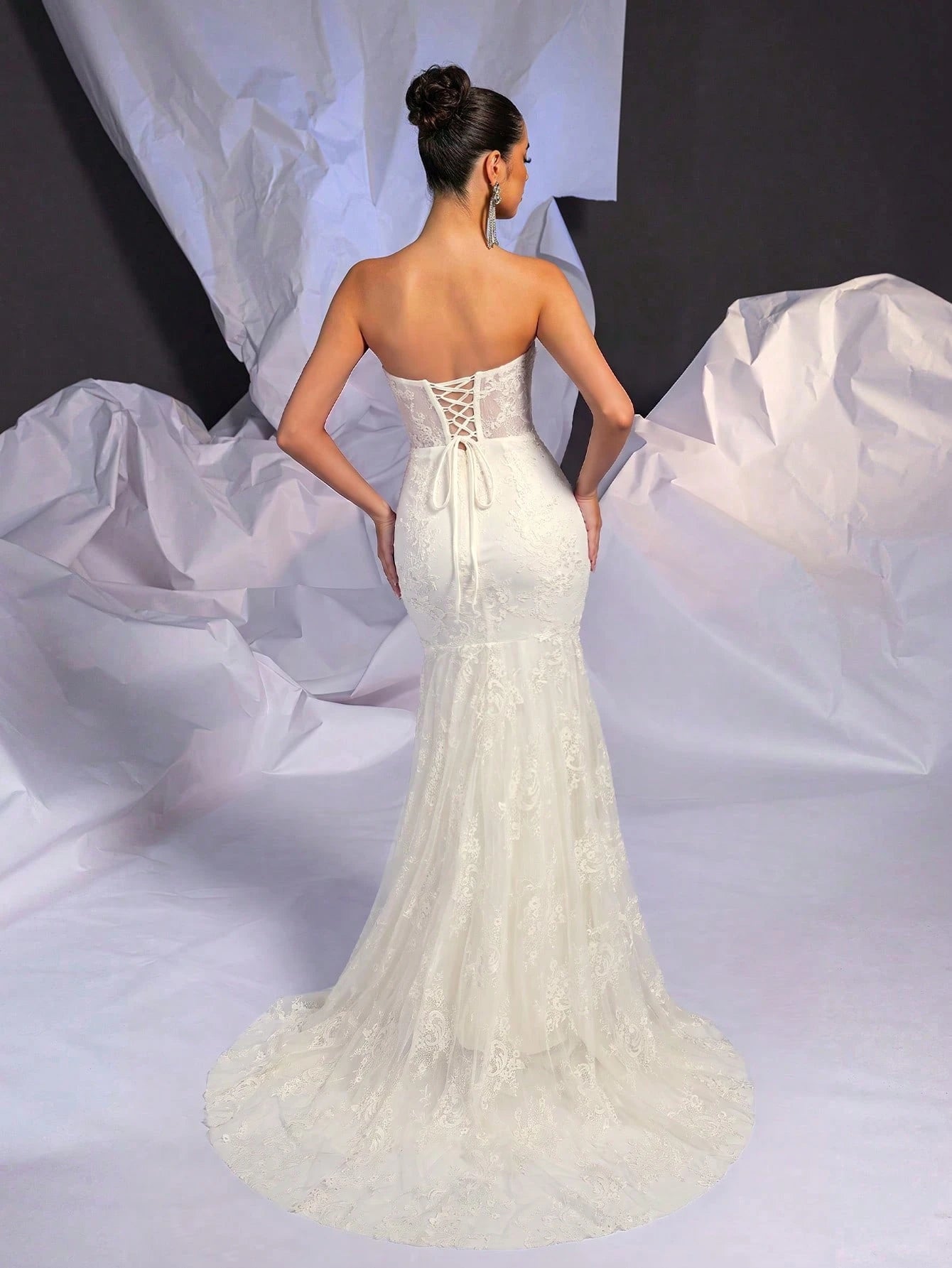 Belle Beige Summer Elegant Wedding Mermaid Dress, Strapless Contrast Lace Sheer Bodice Boning Scalloped Hem - image 2