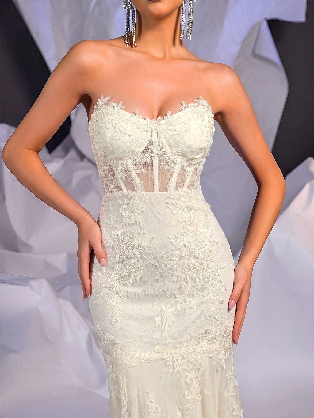 Belle Beige Summer Elegant Wedding Mermaid Dress, Strapless Contrast Lace Sheer Bodice Boning Scalloped Hem - image 3