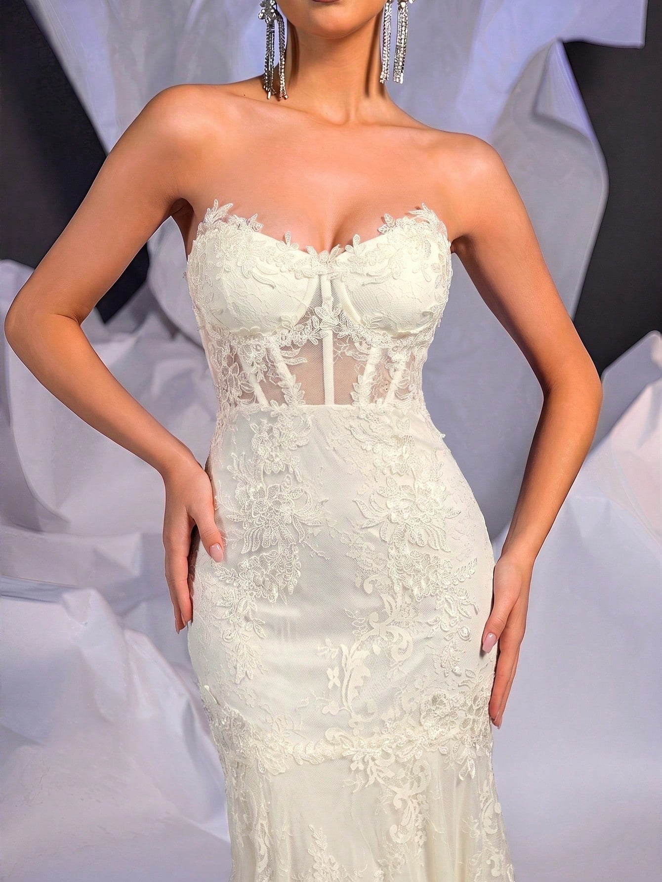 Belle Beige Summer Elegant Wedding Mermaid Dress, Strapless Contrast Lace Sheer Bodice Boning Scalloped Hem - image 3