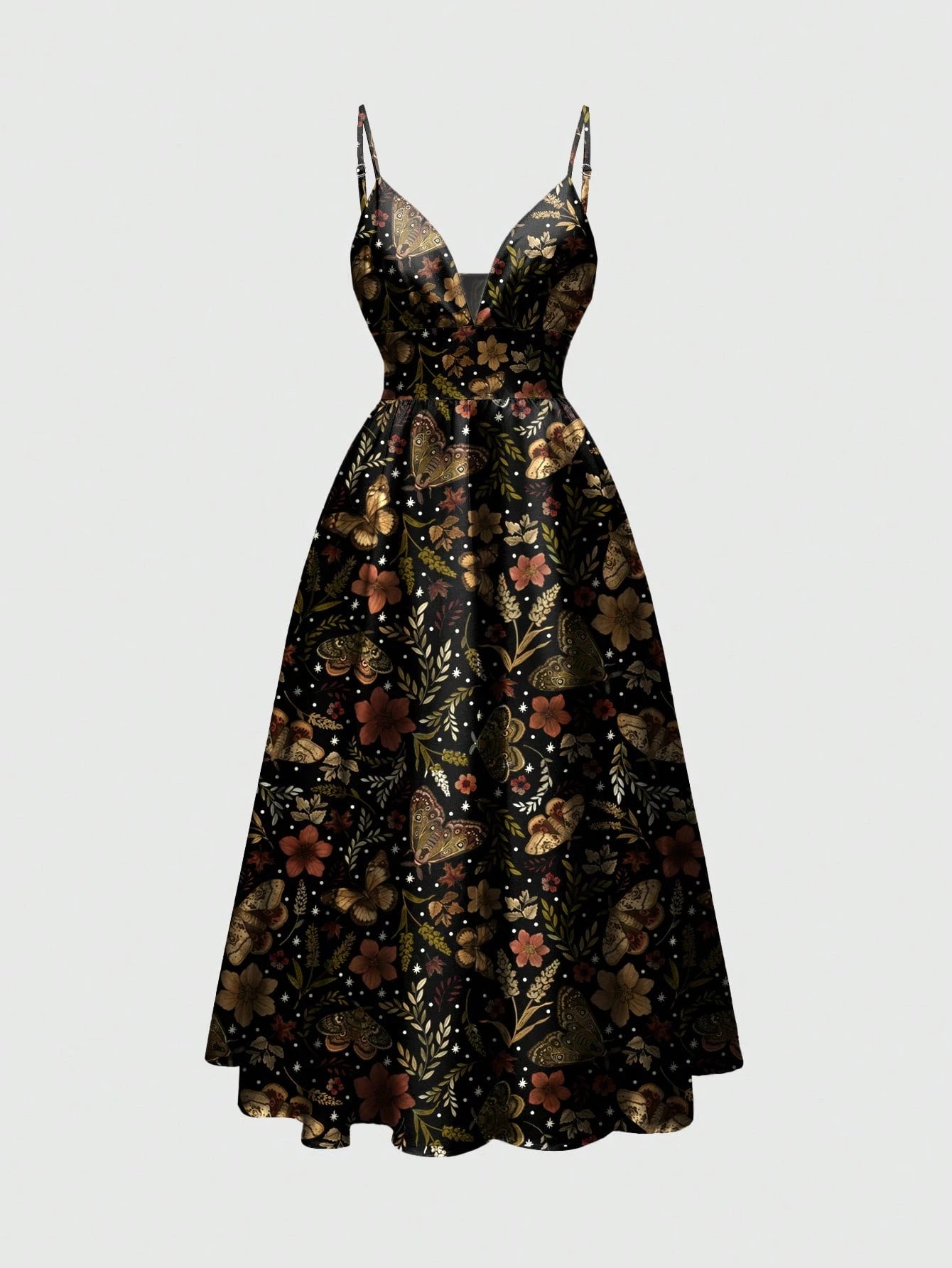 Fairycore Spring/Summer Vacation Flower Black Romantic Bohemian Butterfly, Moth, Leaf Print Sleeveless - image 5