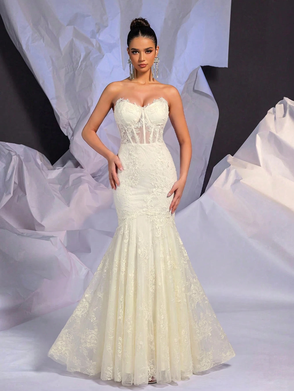 Belle Beige Summer Elegant Wedding Mermaid Dress, Strapless Contrast Lace Sheer Bodice Boning Scalloped Hem - image 4