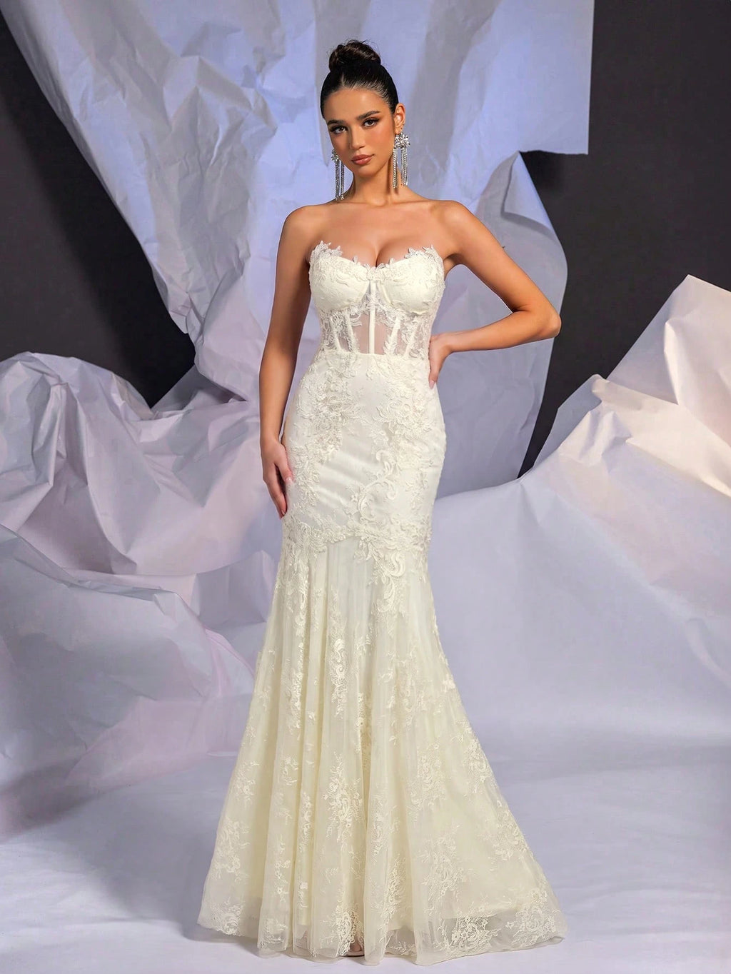 Belle Beige Summer Elegant Wedding Mermaid Dress, Strapless Contrast Lace Sheer Bodice Boning Scalloped Hem - image 5