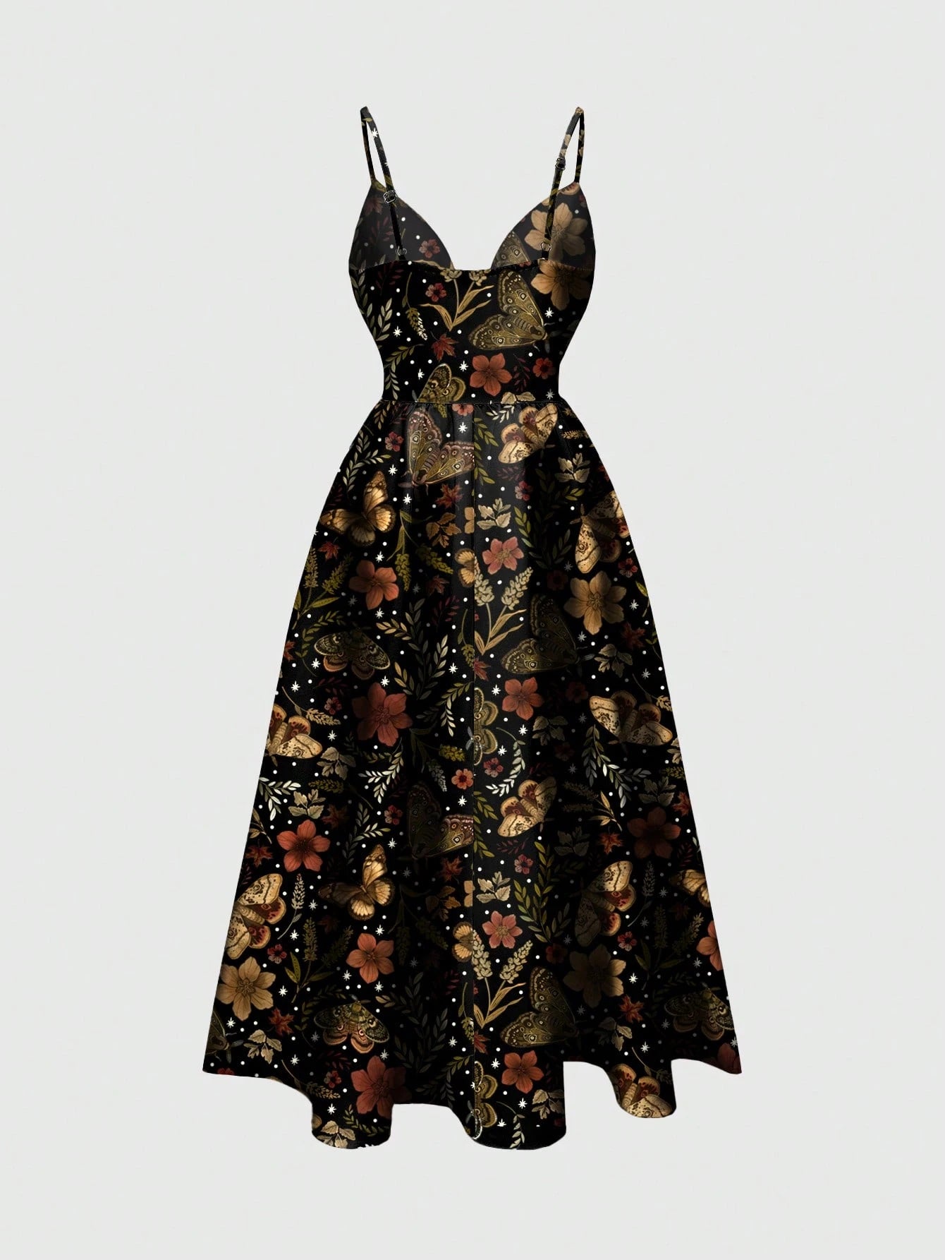 Fairycore Spring/Summer Vacation Flower Black Romantic Bohemian Butterfly, Moth, Leaf Print Sleeveless - image 6