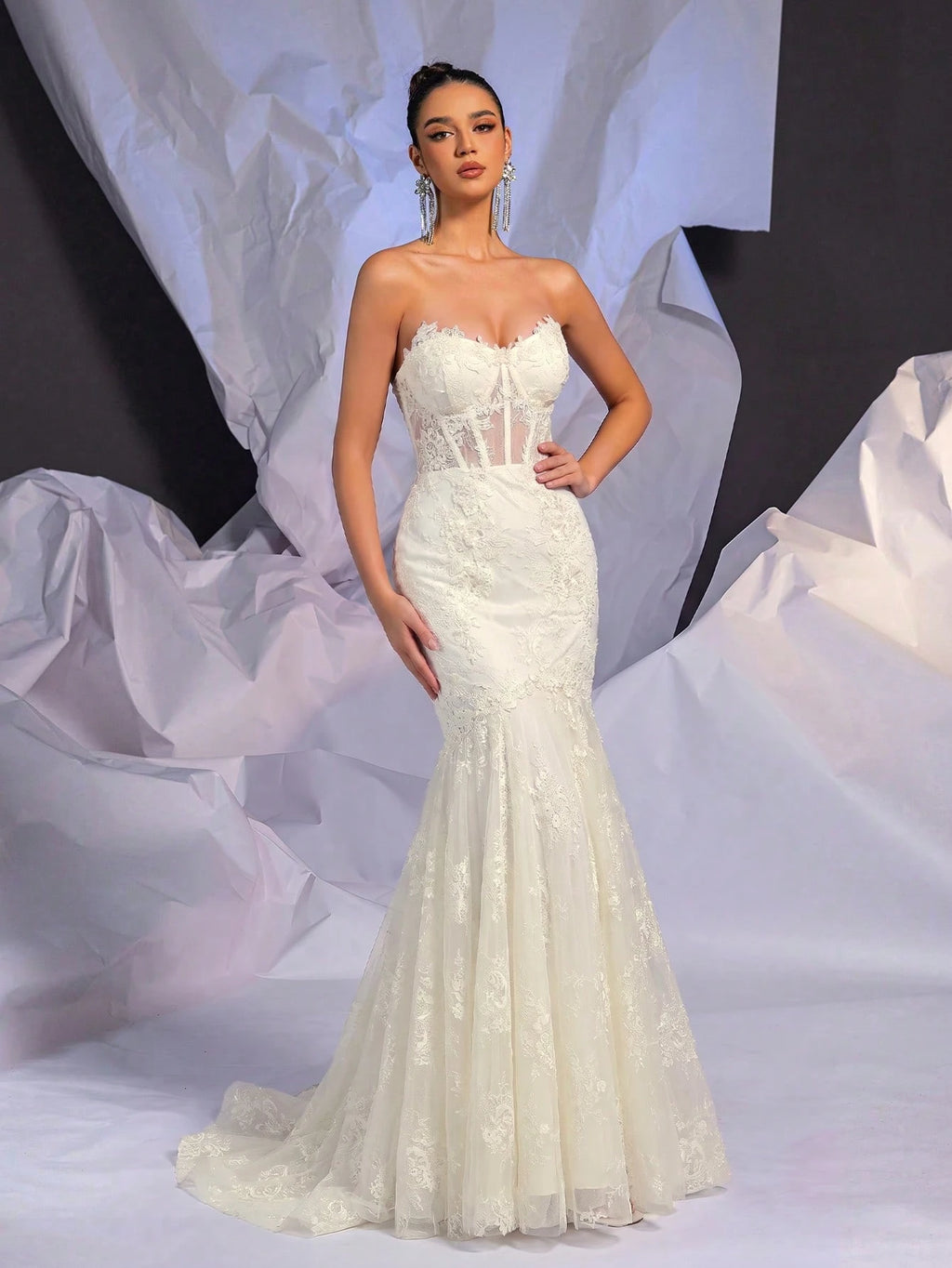 Belle Beige Summer Elegant Wedding Mermaid Dress, Strapless Contrast Lace Sheer Bodice Boning Scalloped Hem - image 7