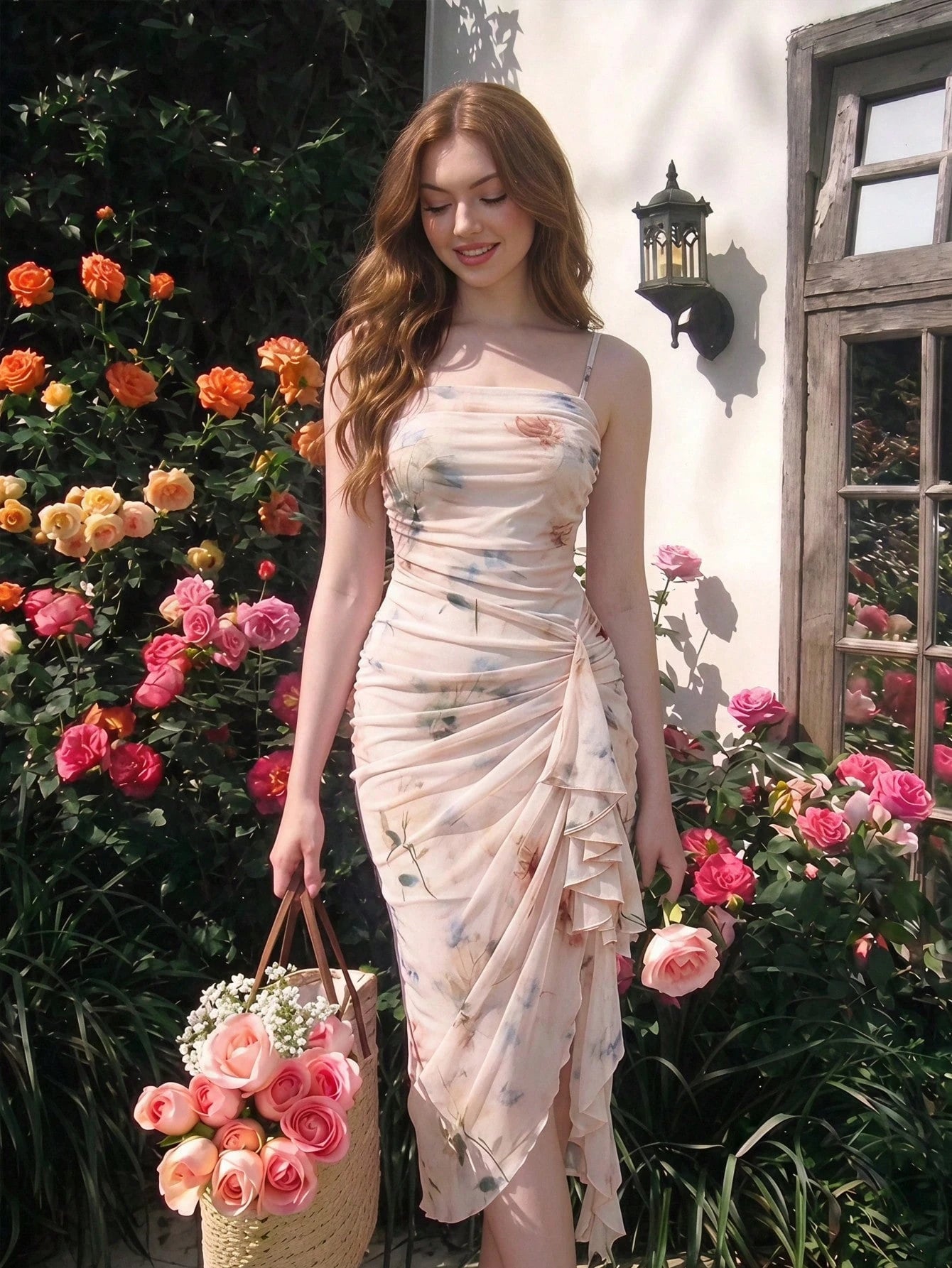 Skyraze Women's Floral Print Sleeveless Midi Dress With Ruffle Hem,