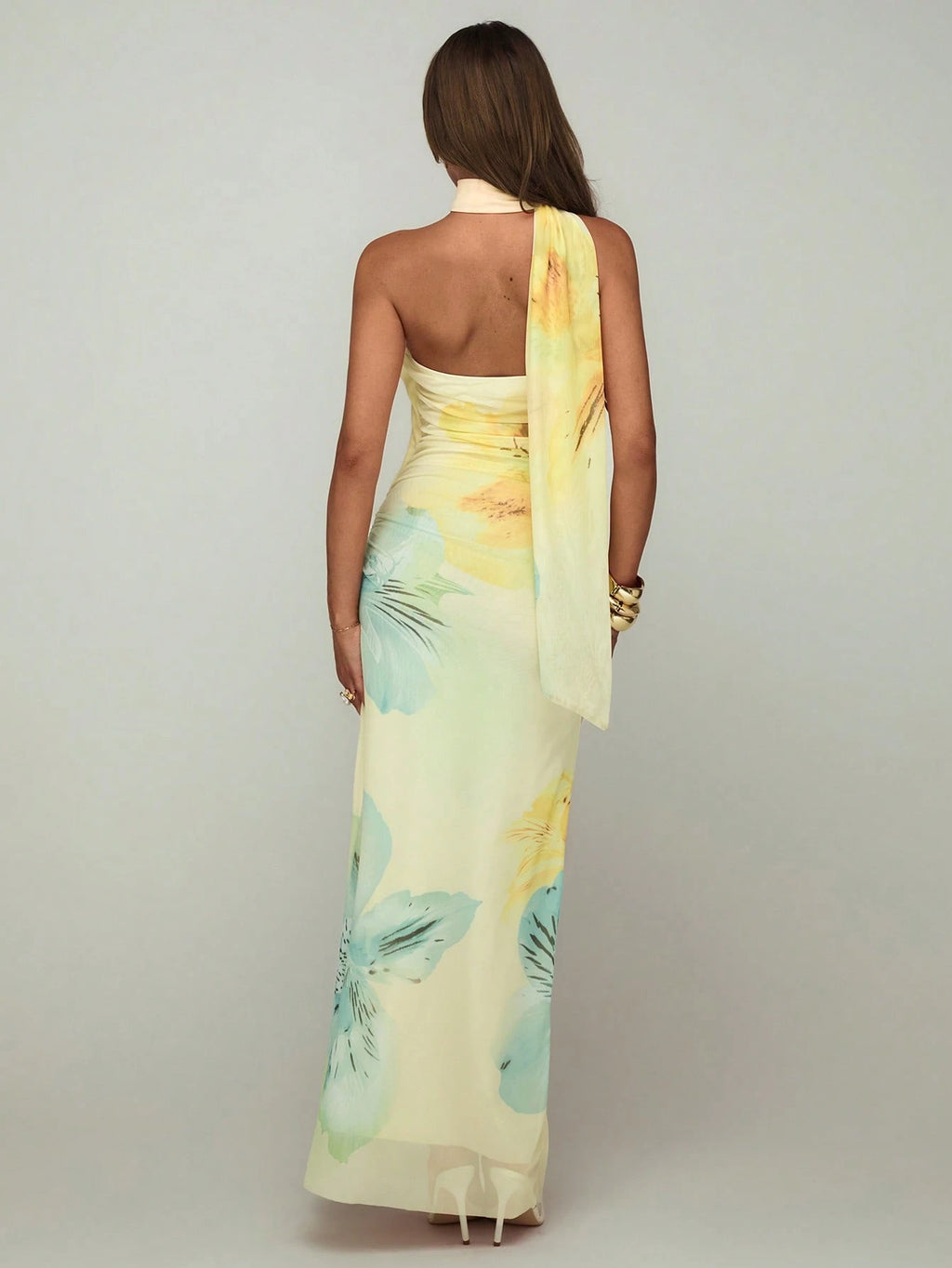 Aloruh Women's Floral Print Backless Halter Fitted Dress, Pink And Yellow Summer Tropical Beach Vacation - image 19