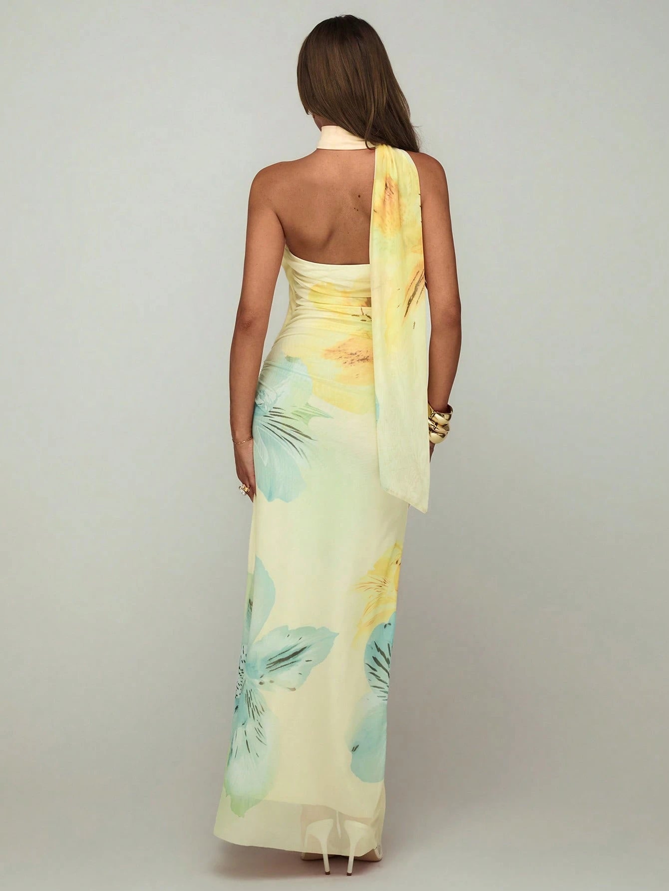 Aloruh Women's Floral Print Backless Halter Fitted Dress, Pink And Yellow Summer Tropical Beach Vacation - image 19