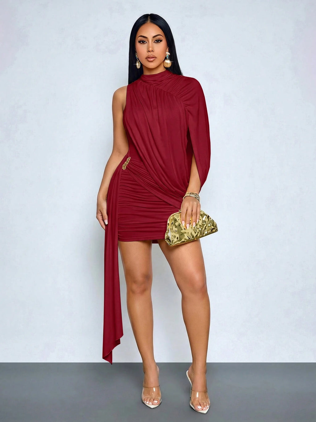SOLERSUN Women's Sexy Elegant Asymmetrical Shoulder Mini Dress,