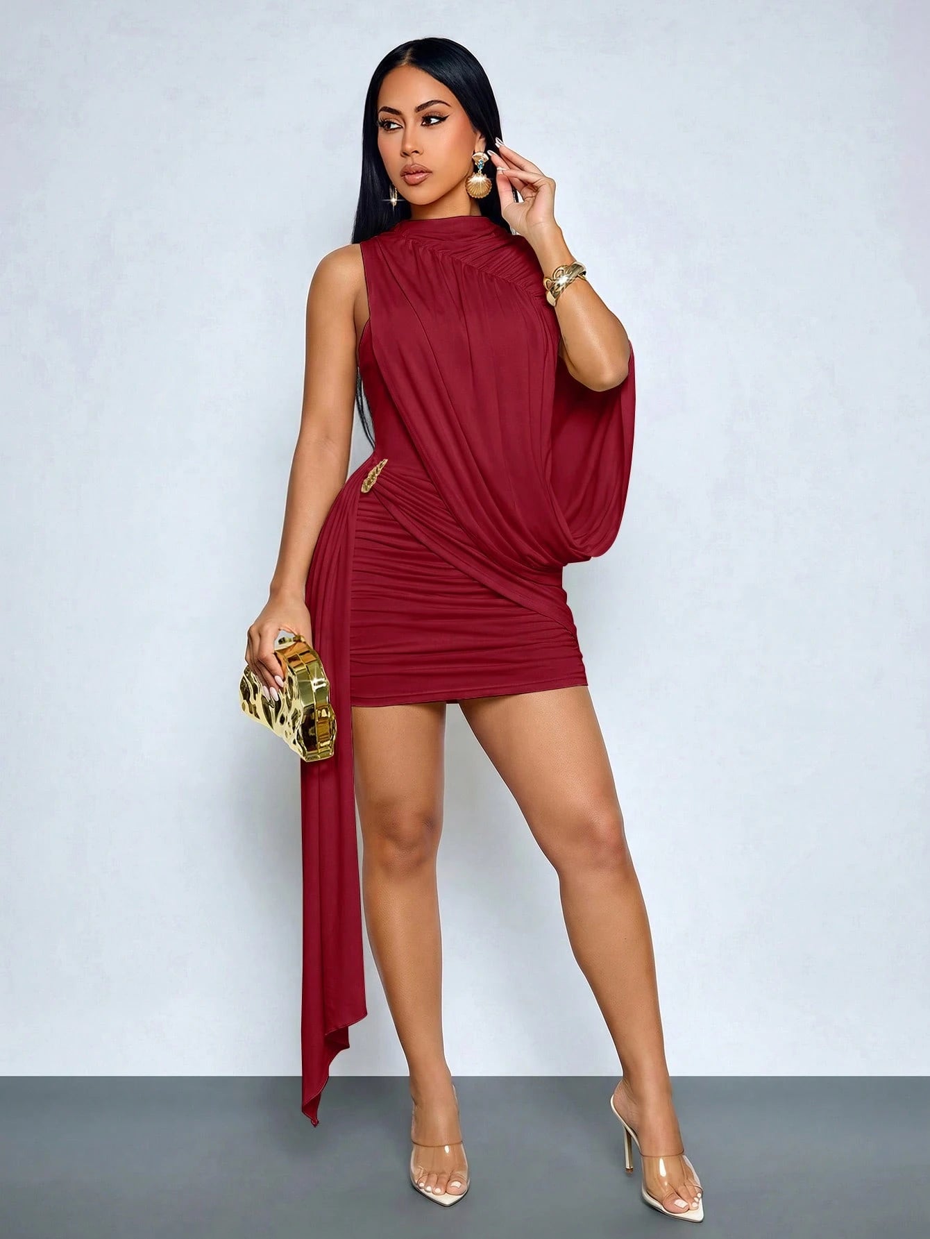 SOLERSUN Women's Sexy Elegant Asymmetrical Shoulder Mini Dress,