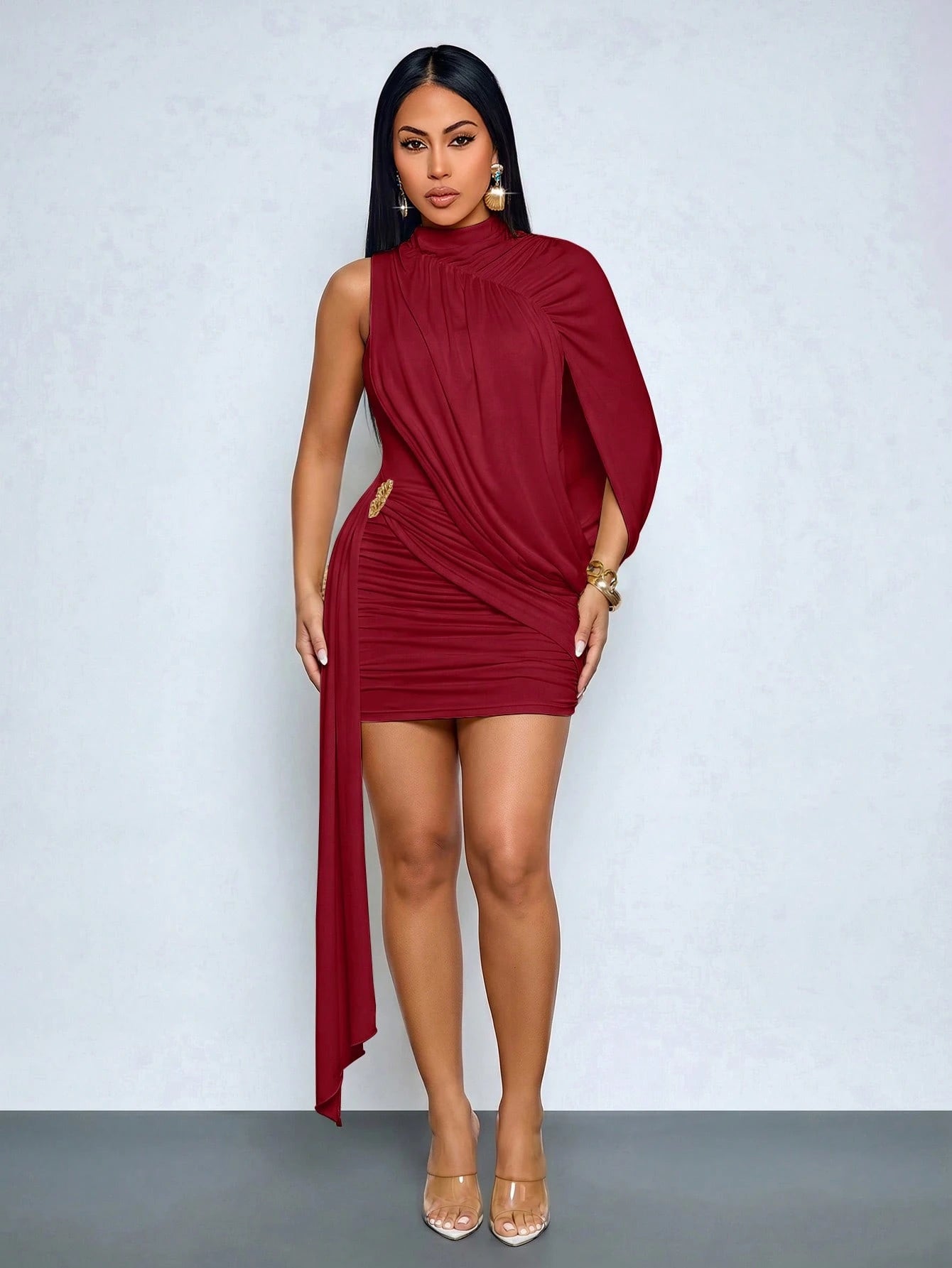 SOLERSUN Women's Sexy Elegant Asymmetrical Shoulder Mini Dress,