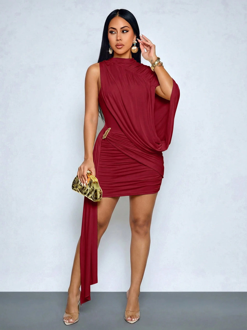 SOLERSUN Women's Sexy Elegant Asymmetrical Shoulder Mini Dress,