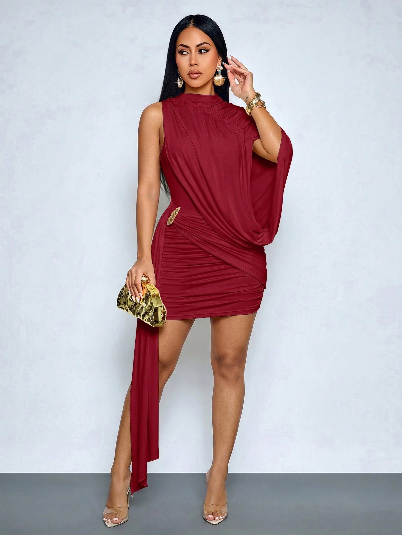 SOLERSUN Women's Sexy Elegant Asymmetrical Shoulder Mini Dress, Ruched Bodycon Draped Dress, Asymmetric Club - image 16