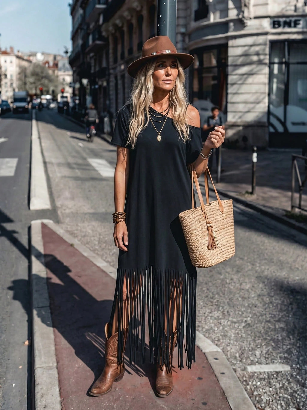 LanaWest Women's Casual Long Tassel Asymmetric Neck Spaghetti Strap