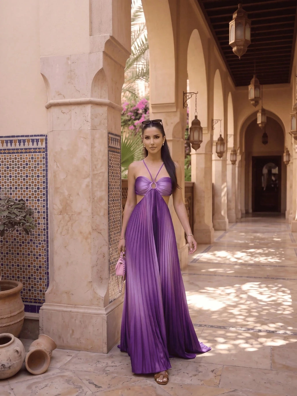 Women's Stunning Pink Ombre Pleated Long Cami Maxi Dress Sleeveless