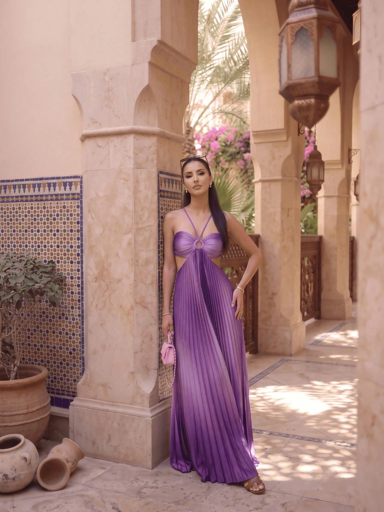 Women's Stunning Pink Ombre Pleated Long Cami Maxi Dress Sleeveless