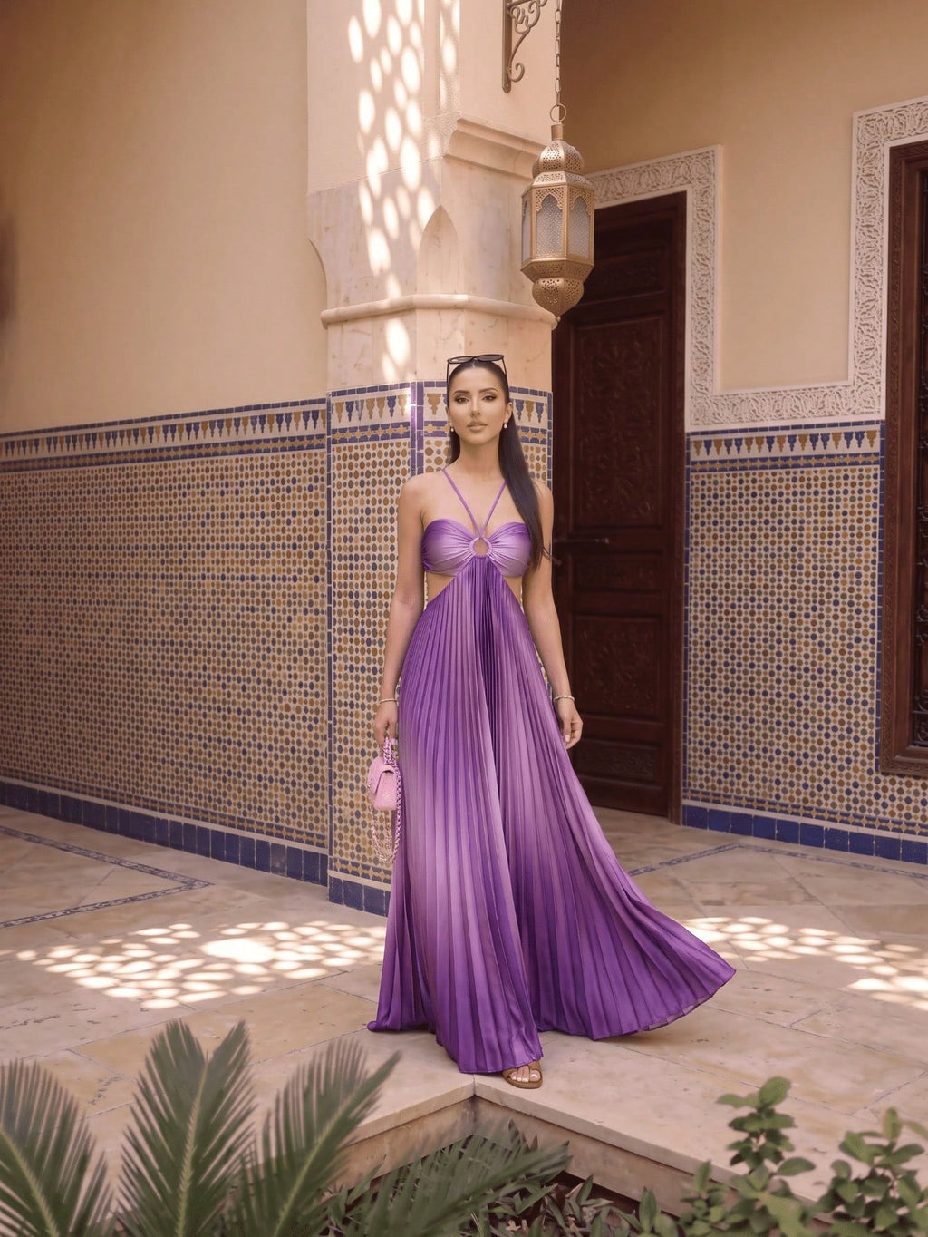 Women's Stunning Pink Ombre Pleated Long Cami Maxi Dress Sleeveless