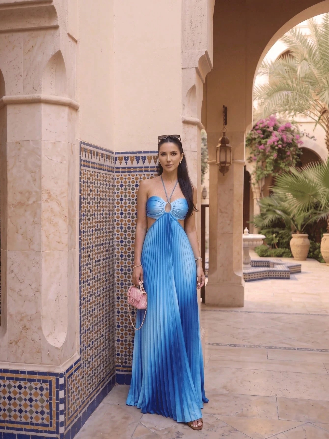 Women's Stunning Pink Ombre Pleated Long Cami Maxi Dress Sleeveless