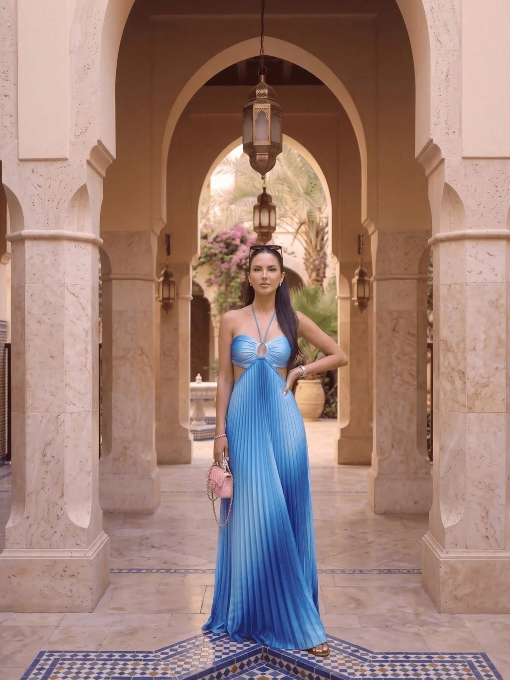 Women's Stunning Pink Ombre Pleated Long Cami Maxi Dress Sleeveless
