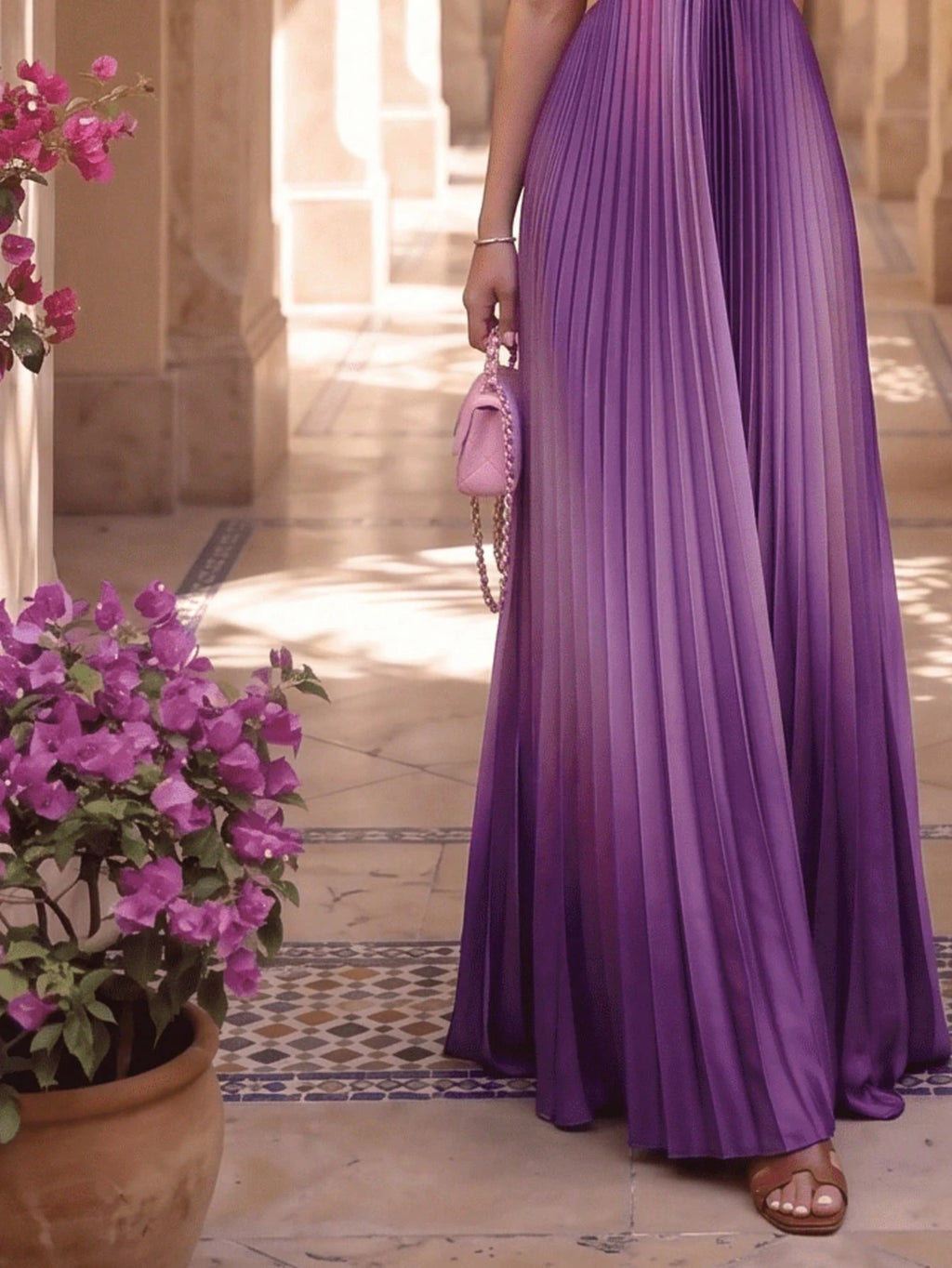 Women's Stunning Pink Ombre Pleated Long Cami Maxi Dress Sleeveless