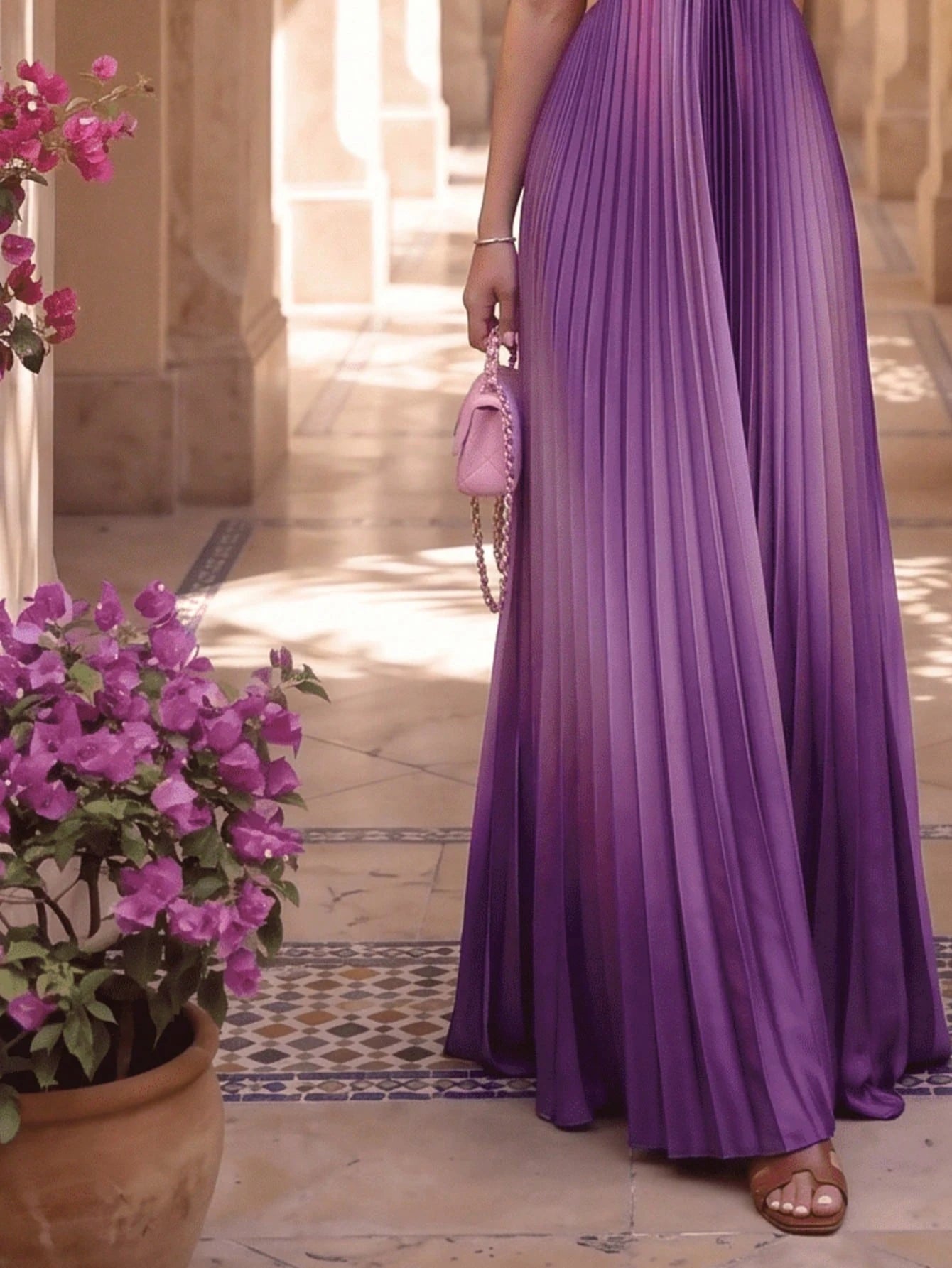 Women's Stunning Pink Ombre Pleated Long Cami Maxi Dress Sleeveless