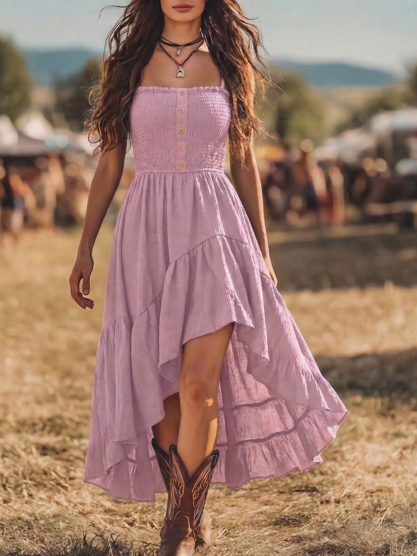Balvessa Bohemian Style Casual Vacation Front Short Back Long Cinched