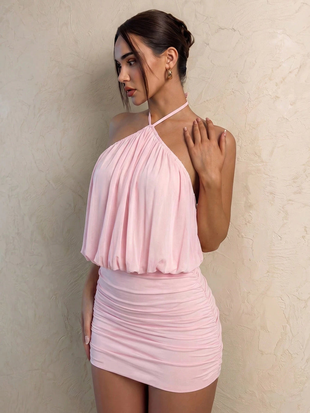 Glamine Hot Pink Floral Mesh Mini Dress Elegant Sexy Halter Neck Draped Cowl Front Bodycon Ruched Soft Lined - image 7