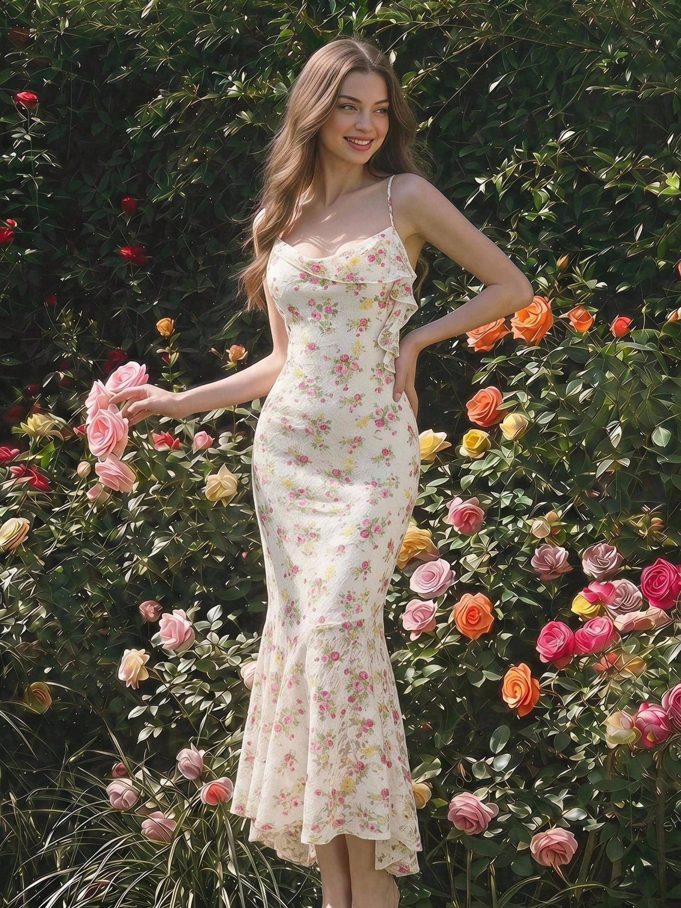 Skyraze Women's Light Pink Floral Ombre Mesh Midi Dress, Summer