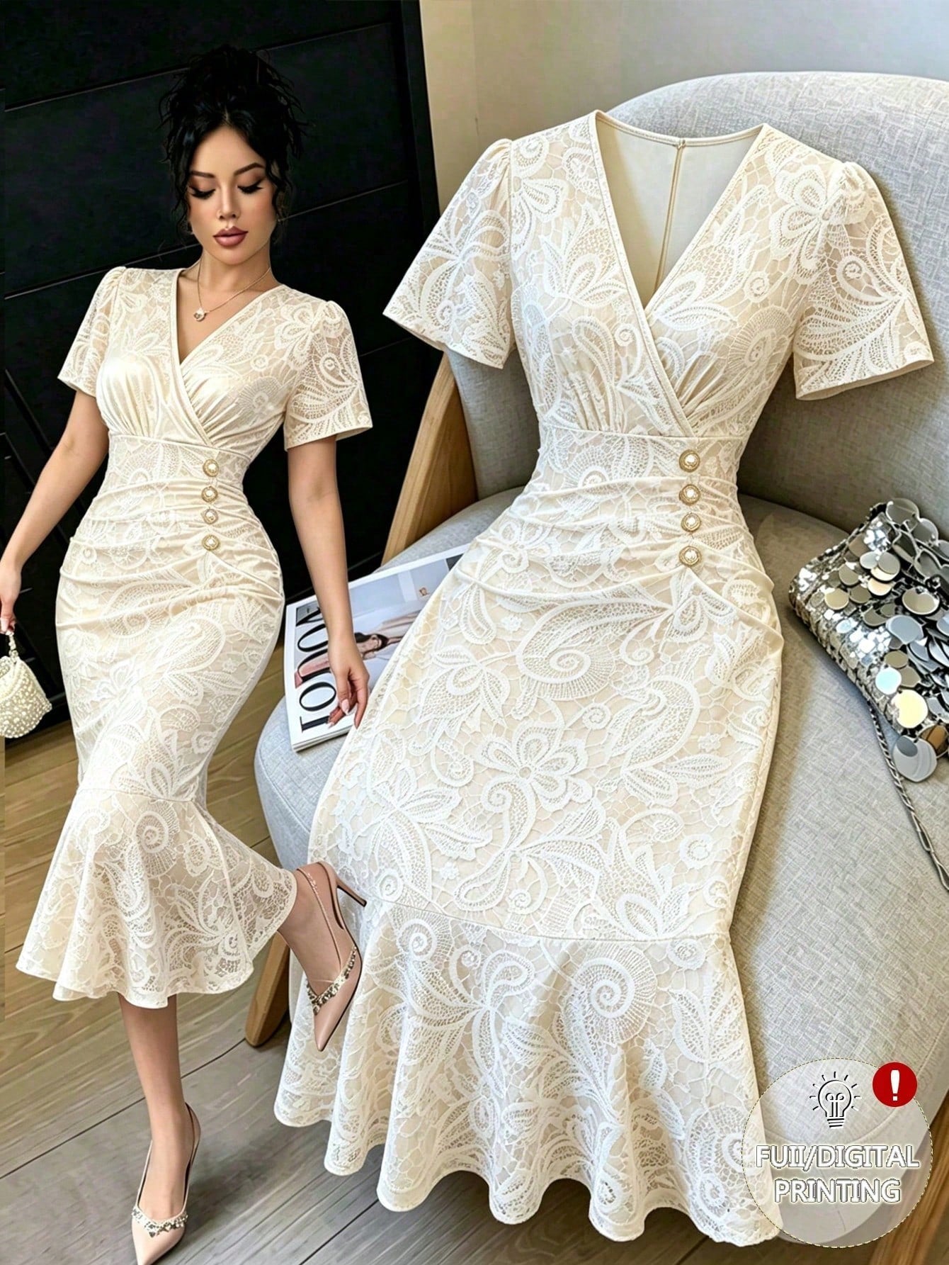 Elenzga Elegant White Lace Printed V-Neck Short Sleeve Bodycon